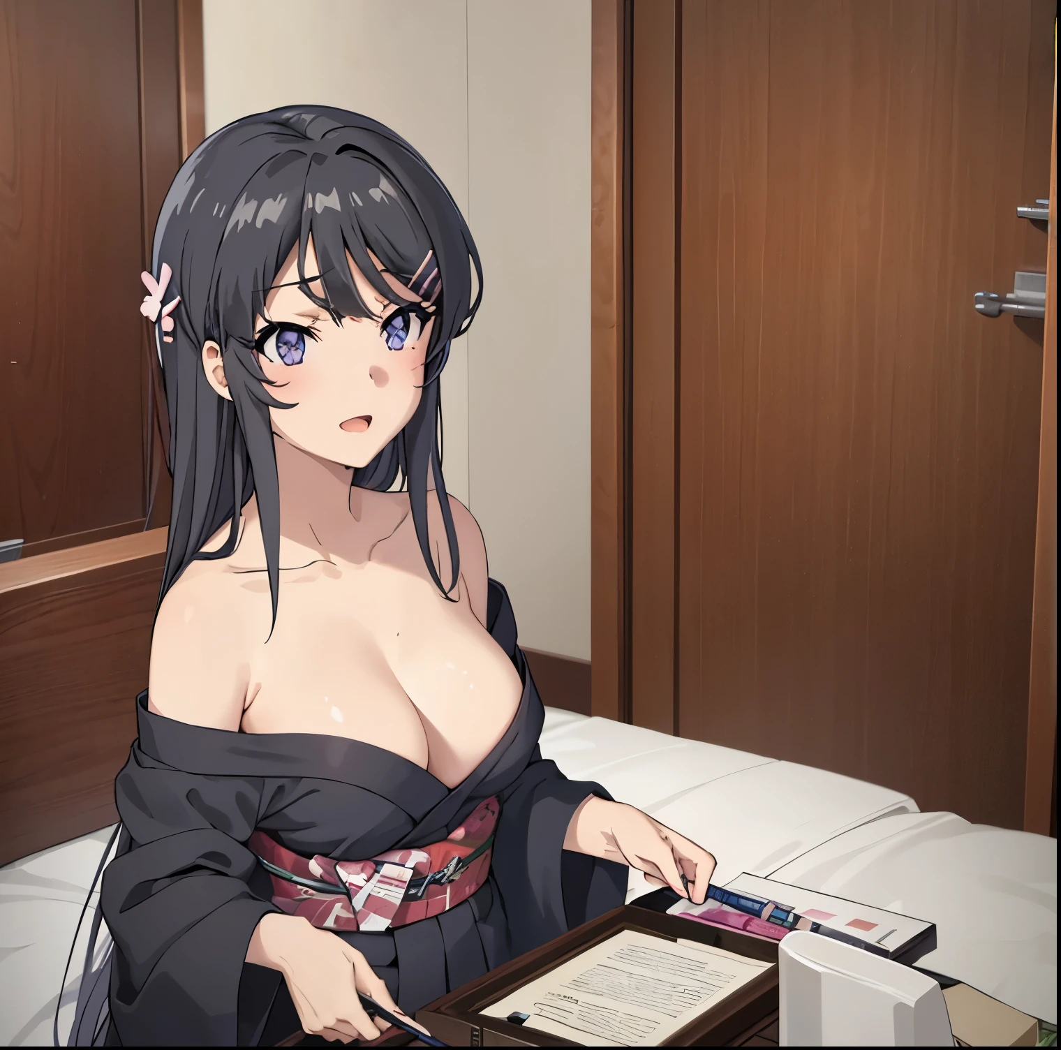 sakurajima mai, (masterpiece), 1girl, alone ,japanese clothes, solo, sexy kimono, kimono, show panties, show bra, black panties, black bra, medium breasts, cleavage, blush, paintbrush, calligraphy brush, bedroom background, ink, bare breasts, off breast, looking at viewer, sash, smile, collarbone, sitting, obi, floral print, wide sleeves, parted bangs, between breasts, holding, open mouth, nsfw, low-necked, sexy, (high resolution), good hands, good anatomy