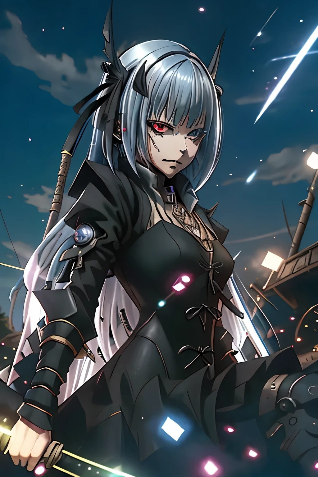 (best quality,highres:1.2), detailed fantasy art, serious expression, robot-like eyes, fighting stance, luminous valentine, tensei shitara slime datta ken, el cabello es plateado, postura de lucha, cuerpo completo, red lens flare, It&#39;s night and there is black lightning in the sky, she is wearing a black gothic dress