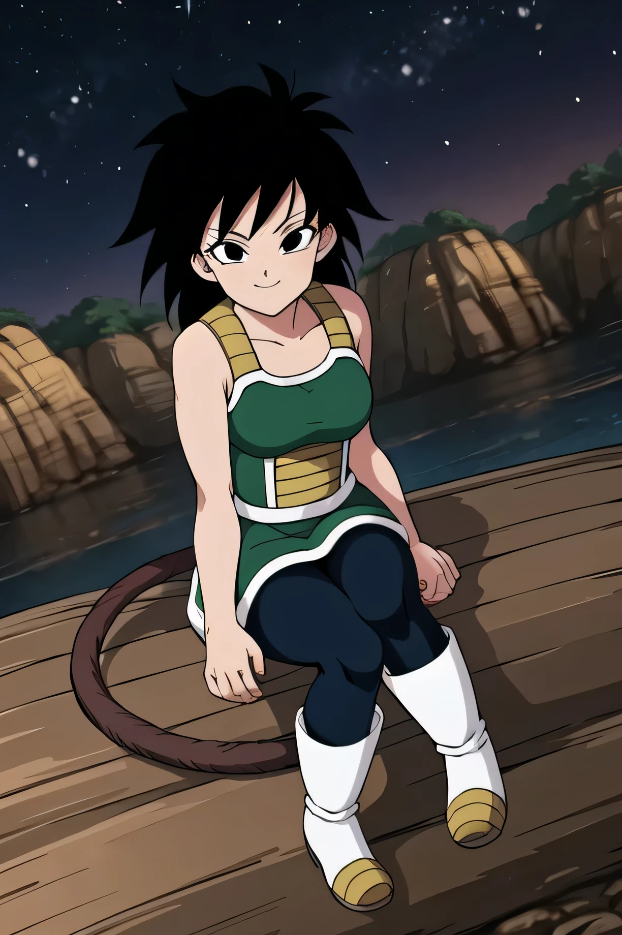 gine, 1girl, shadow, solo, long hair, breasts, closed, night sky, black hair, desert, bare shoulders, collarbone, full body, shorthair, worried, black eyes, smile, floating hair, looking at viewers, sitting on rock, spiked hair, bracer, monkey tail, (green saiyan armor), saiyan skirt, black pantyhose, white boots, monkey tail, from above,