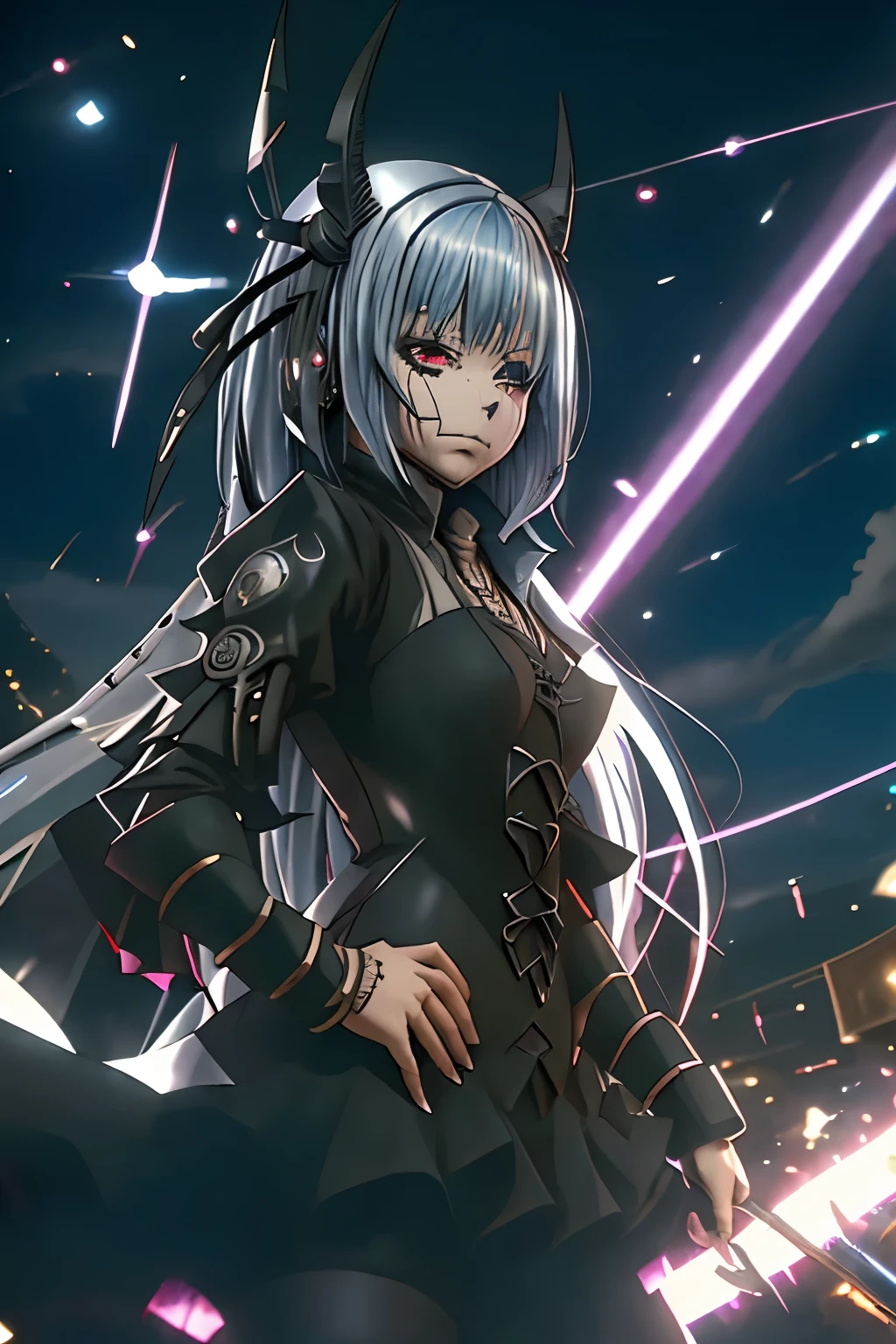 (best quality,highres:1.2), detailed fantasy art, serious expression, robot-like eyes, fighting stance, luminous valentine, tensei shitara slime datta ken, el cabello es plateado, postura de lucha, cuerpo completo, red lens flare, It&#39;s night and there is black lightning in the sky, she is wearing a black gothic dress