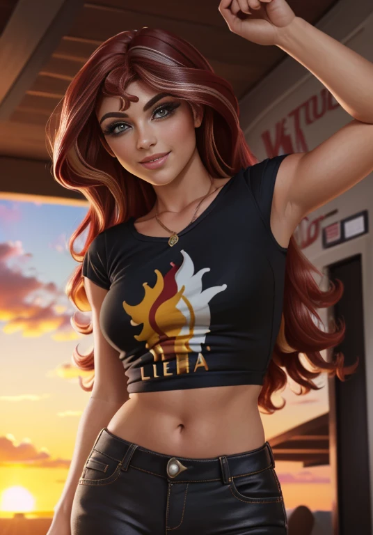(Obra maestra, La mejor calidad, fotorrealista, Altas Resoluciones, Director of photography, :1.3), Foto selfie de la parte superior del cuerpo, sharp focus, 1 chica sexy, Chica europea, Modelo cadolesente, 18 year old ager midriff, Ojos turquesa y pupilas altamente detallados, Piel realista, Forma delgada del cuerpo, escote, cabello extremadamente detallado, They're smiling, sexy, ((Camiseta con cuello en V)), interior, ((realista, super realistic, realismo, Detalles realistas)) el brillo de la puesta de sol , Sunset shimmer , mlp , lindo maquillaje ,labios rojos , cabello largo rojo con mechas doradas , cuerpo completo , sonriendo para el espectador , lindo outfit