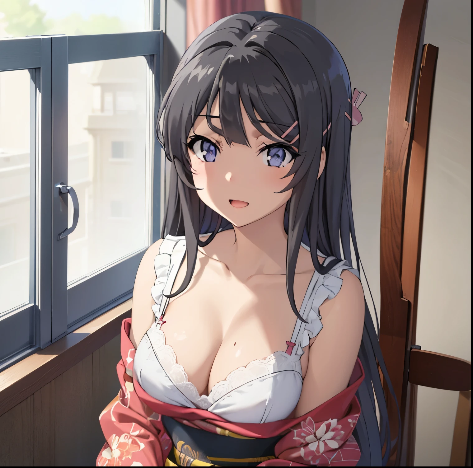 sakurajima mai, (masterpiece), 1girl, alone ,japanese clothes, solo, sexy kimono, kimono, show panties, show bra, black panties, black bra, medium breasts, cleavage, blush, paintbrush, calligraphy brush, bedroom background, ink, bare breasts, off breast, looking at viewer, sash, smile, collarbone, sitting, obi, floral print, wide sleeves, parted bangs, between breasts, holding, open mouth, nsfw, low-necked, sexy, (high resolution), good hands, good anatomy