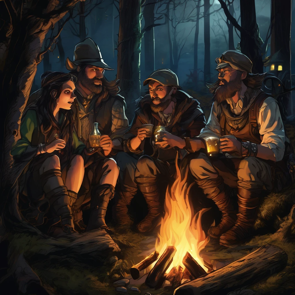 A group of fantasy adventurers sit close to a camp fire, drinking mead and telling tall tales, in a haunted woods, gleaming eyes watch them hungrily from the darkness