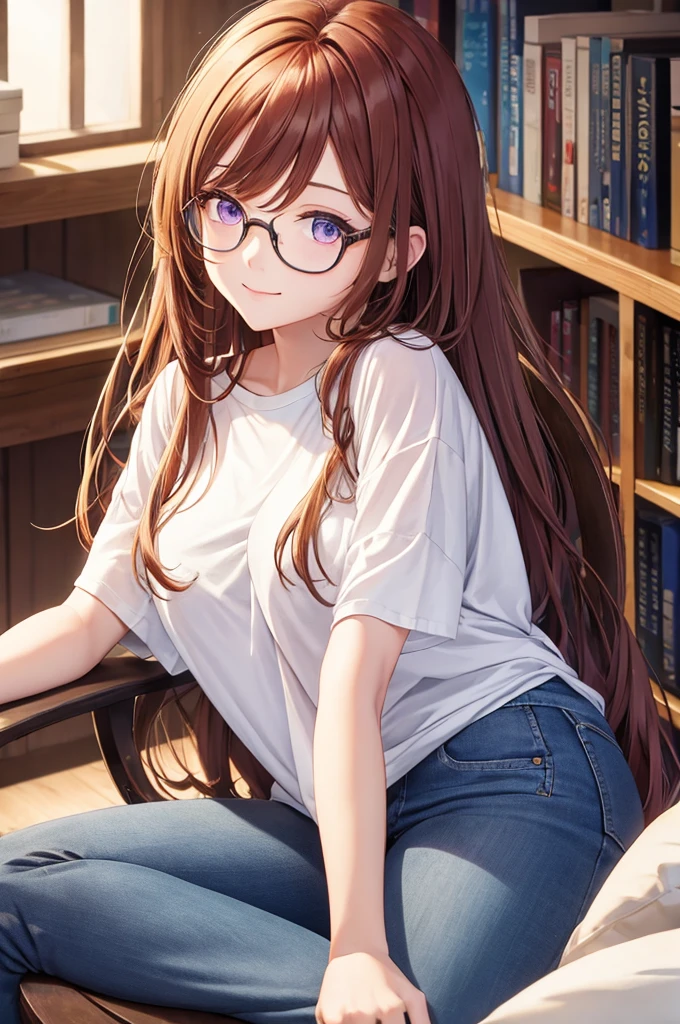 (masterpiece), best quality, expressive eyes, perfect face, 1girl, solo, bluntbangs hair, (illustration: 1.1), (best eyes: 1.3), (beautiful and clear background: 1.25), (extremely detailed CG unity 8k wallpaper: 1.1), (colorful: 0.9), (depth of field: 0.75), 
(detailed eyes: 1.4), golden eyes, (multicolored hair: 1.2), purple hair, bright eyes, multi line in hair, glasses, long hair
(Oversize T-shirt: 1.4), scraft, jeans long pant, sneaker shoes,
looking_at_viewer, smile, library, indoor, romantic, sharo shoot, close up,