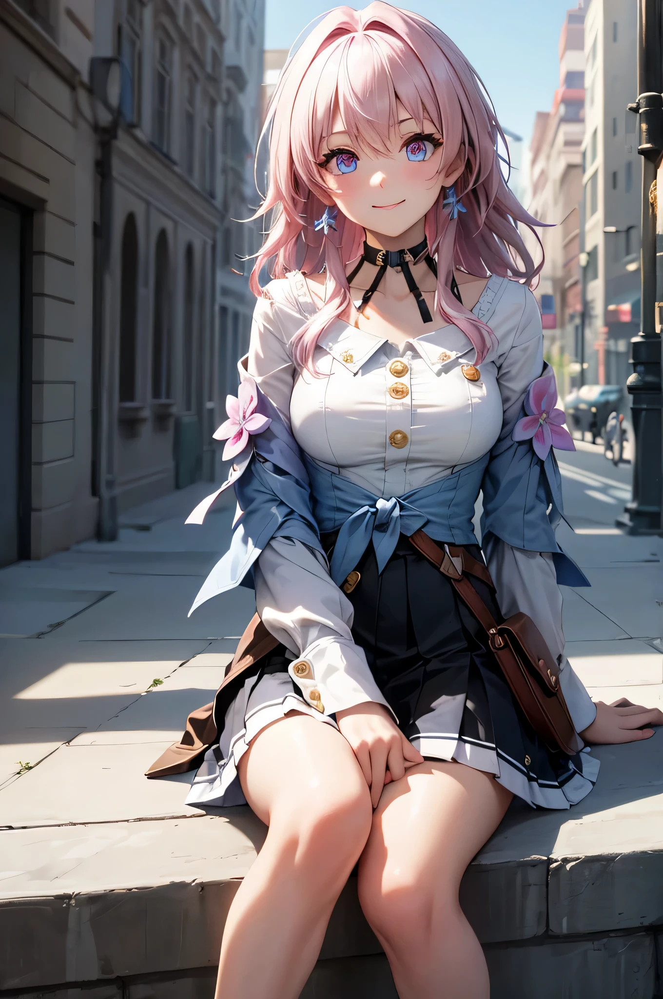 (masterpiece), best quality, expressive eyes, perfect face, 1 girl, solo, march seventh, blue eyes, hair between eyes, medium hair, pink eyes, pink hair, two-tone eyes, ankle boots, archery shooting glove, badge, bare legs, black choker, black corset, black footwear, black gloves, blue jacket, blue skirt, boots, button badge, buttons, choker, collarbone, corset, earrings, flower ornament, gloves, high heel boots, high heels, jacket, jewelry, long sleeves, miniskirt, partially fingerless gloves, pleated skirt, shirt, single earring, single glove, skirt, thigh strap, tied jacket, underbust, white shirt, smiling, city, background, futuristic city, sitting on the ground, knees up, upper body, portrait, looking at the viewer