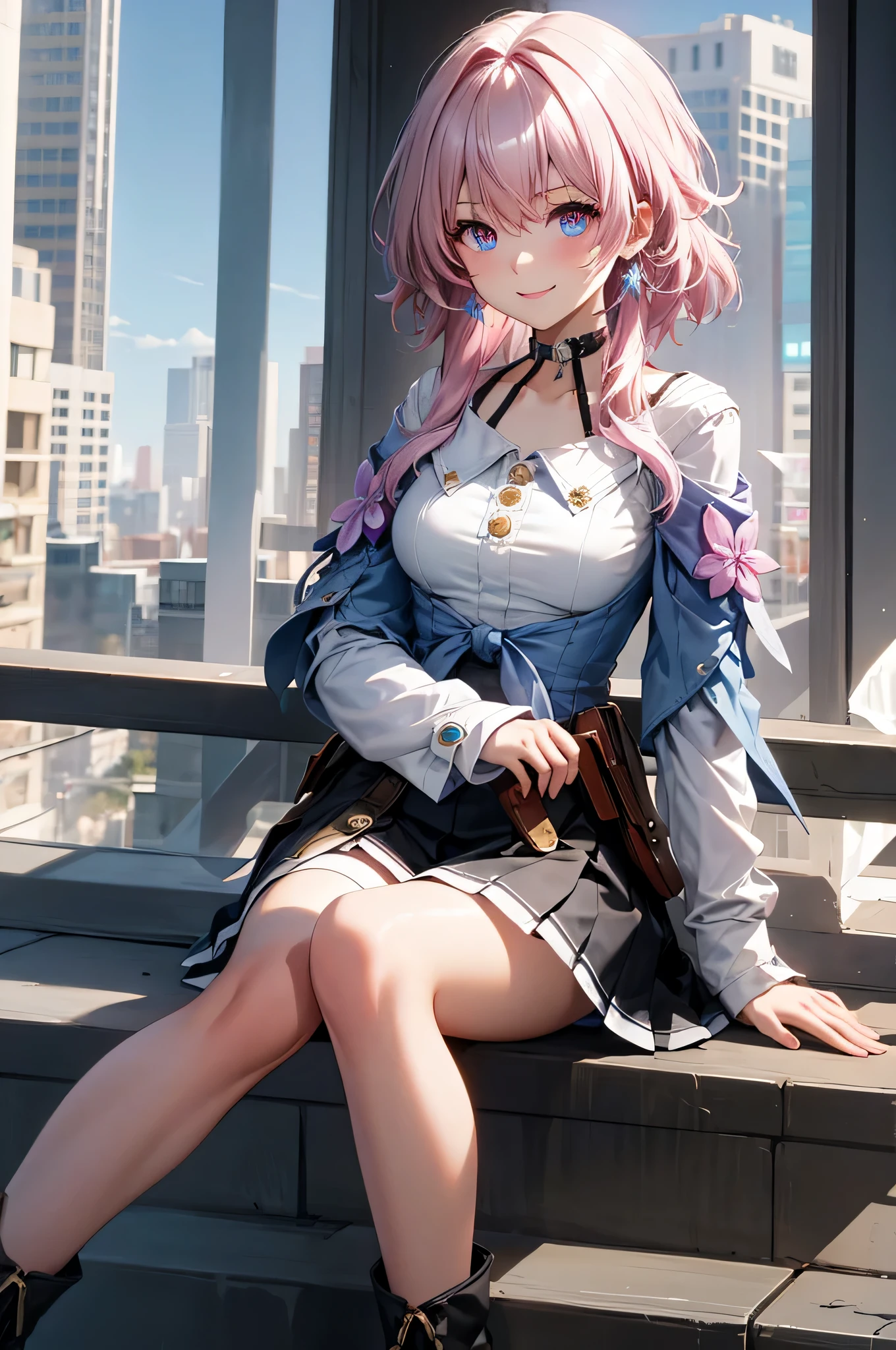 (masterpiece), best quality, expressive eyes, perfect face, 1 girl, solo, march seventh, blue eyes, hair between eyes, medium hair, pink eyes, pink hair, two-tone eyes, ankle boots, archery shooting glove, badge, bare legs, black choker, black corset, black footwear, black gloves, blue jacket, blue skirt, boots, button badge, buttons, choker, collarbone, corset, earrings, flower ornament, gloves, high heel boots, high heels, jacket, jewelry, long sleeves, miniskirt, partially fingerless gloves, pleated skirt, shirt, single earring, single glove, skirt, thigh strap, tied jacket, underbust, white shirt, smiling, city, background, futuristic city, sitting on the ground, knees up, upper body, portrait, looking at the viewer