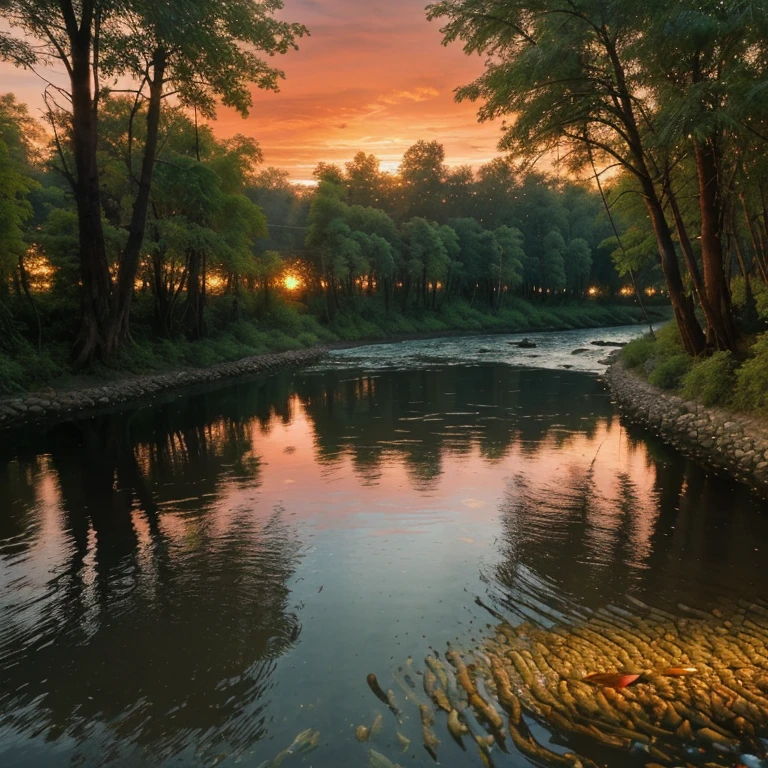 Make me a forest with a river with fish and sunset 