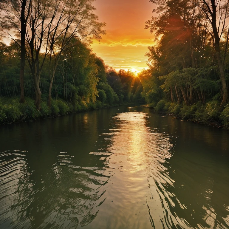Make me a forest with a river with fish and sunset