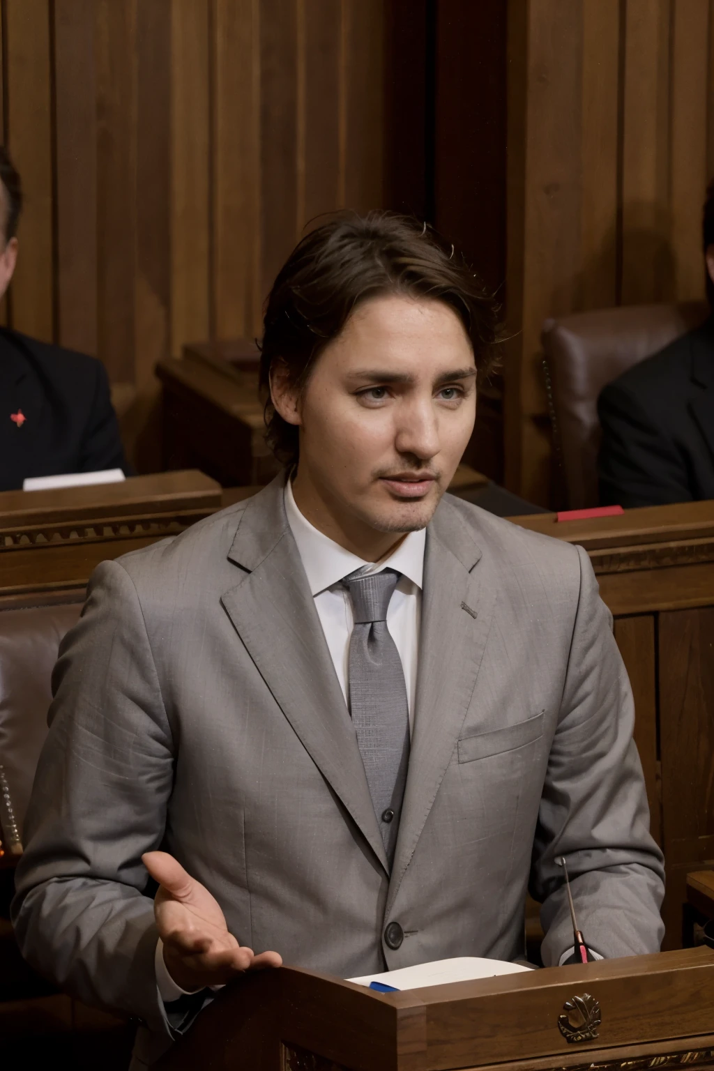 Justin Trudeau giving a lecture in the Canadian Parliament in Ottawa. Show Trudeau facing the camera