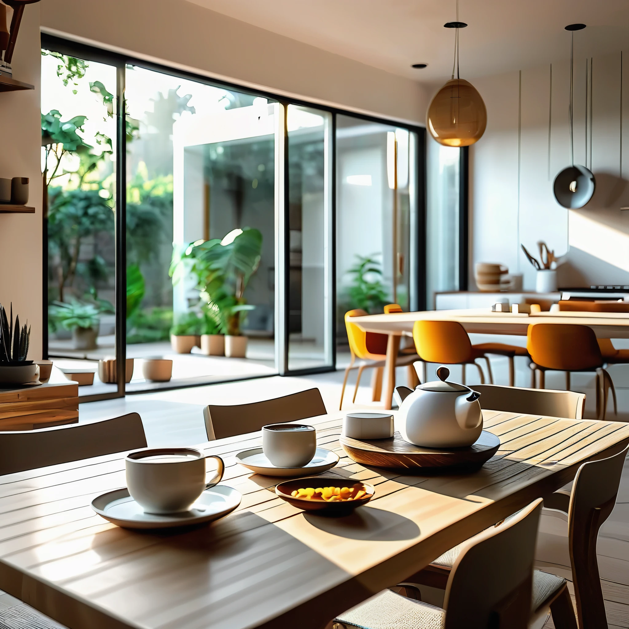 (a)table,coffee cup,teapot,cutlery,plates,video game controller,room,modern house,(best quality:1.2),ultra-detailed,realistic,white clay,aluminum spoons,indoor lighting,wooden table,morning sunlight,coffee aroma,cozy atmosphere,vivid colors,comfortable chair,relaxing environment,stylish design,modern aesthetic,minimalist decor,large windows,spacious room,warm color palette,smooth surface,detailed patterns,quality craftsmanship,peaceful ambiance
