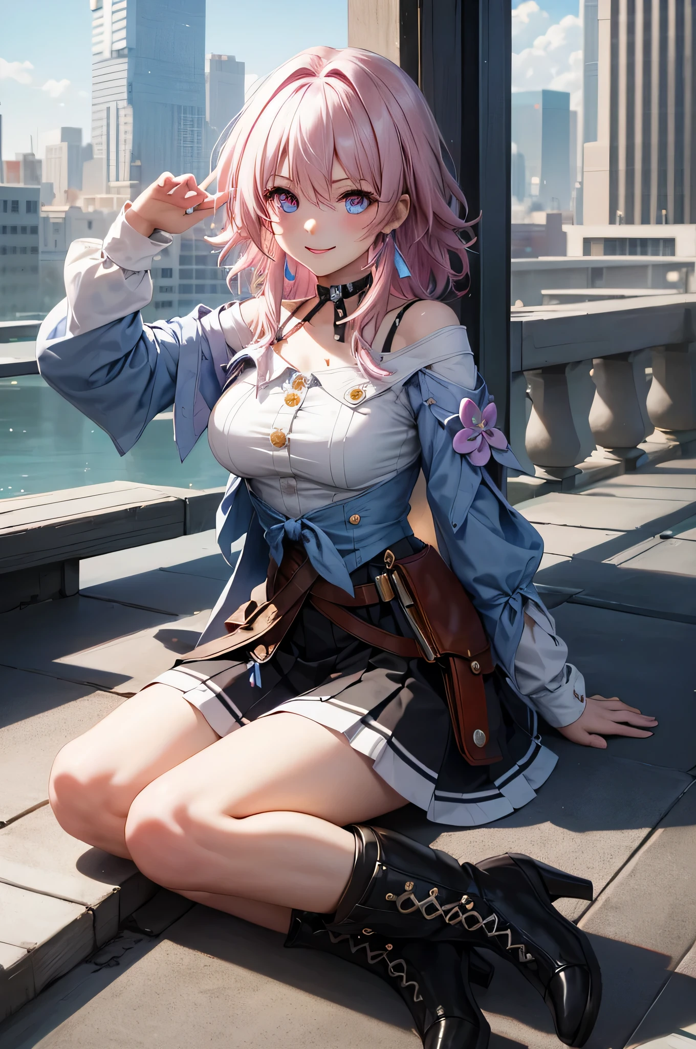 (masterpiece), best quality, expressive eyes, perfect face, 1 girl, solo, march seventh, blue eyes, hair between eyes, medium hair, pink eyes, pink hair, two-tone eyes, ankle boots, archery shooting glove, badge, bare legs, black choker, black corset, black footwear, black gloves, blue jacket, blue skirt, boots, button badge, buttons, choker, collarbone, corset, earrings, flower ornament, gloves, high heel boots, high heels, jacket, jewelry, long sleeves, miniskirt, partially fingerless gloves, pleated skirt, shirt, single earring, single glove, skirt, thigh strap, tied jacket, underbust, white shirt, smiling, city, background, futuristic city, sitting on the ground, knees up, upper body, portrait, looking at the viewer