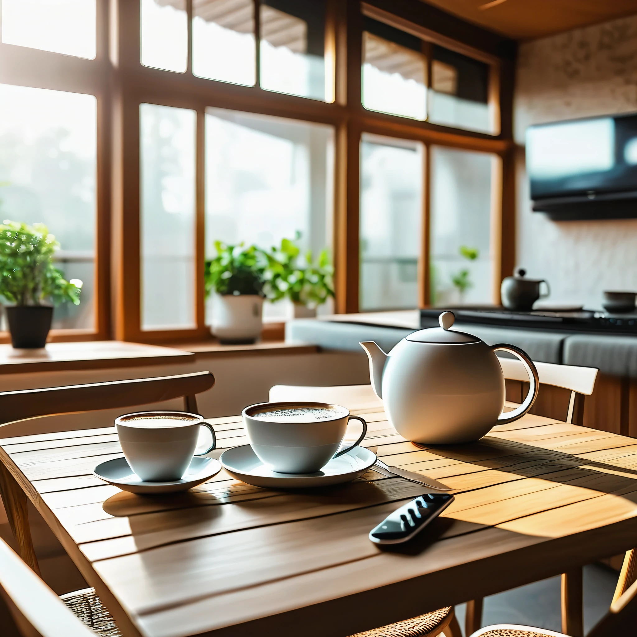 (a)table,coffee cup,teapot,cutlery,plates,video game controller,room,modern house,(best quality:1.2),ultra-detailed,realistic,white clay,aluminum spoons,indoor lighting,wooden table,morning sunlight,coffee aroma,cozy atmosphere,vivid colors,comfortable chair,relaxing environment,stylish design,modern aesthetic,minimalist decor,large windows,spacious room,warm color palette,smooth surface,detailed patterns,quality craftsmanship,peaceful ambiance