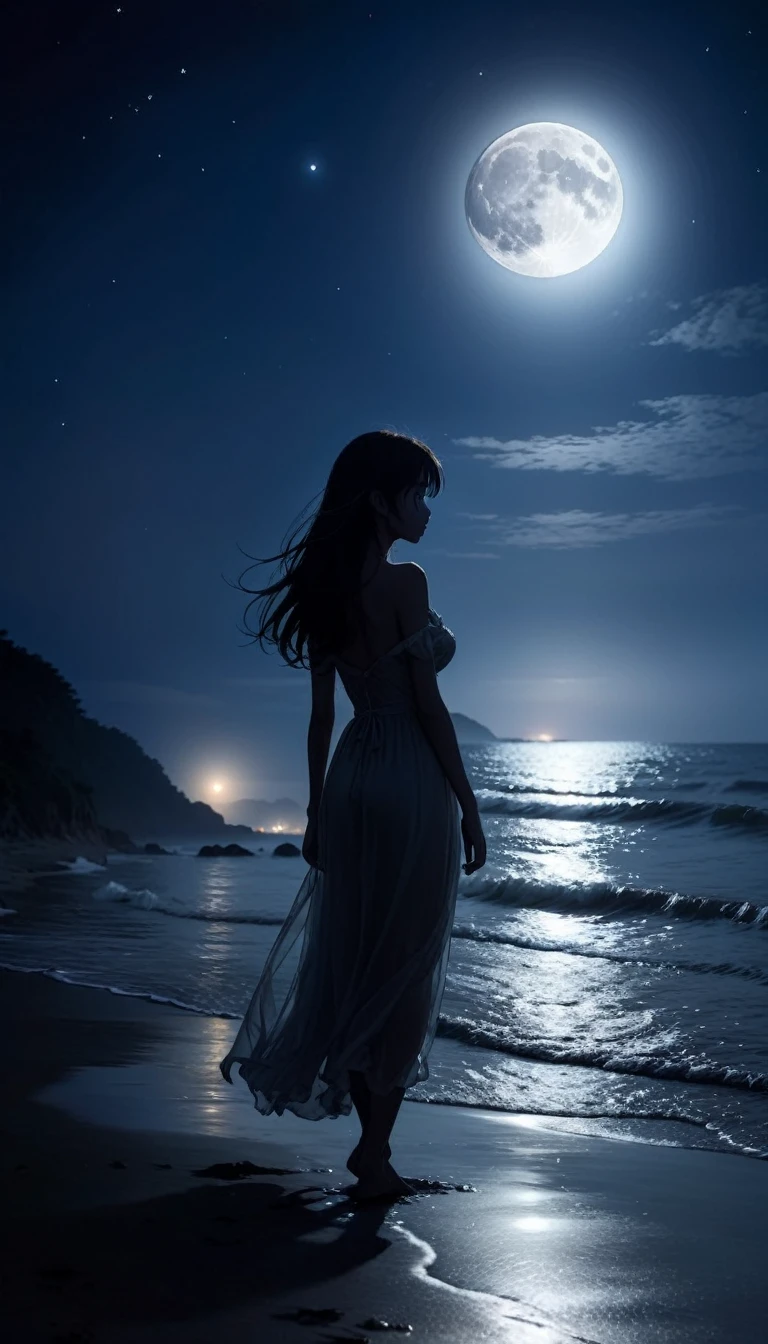 moonlit seaside。
At the beach on a night when the moon shines brightly、A vague silhouette of a person。The background is slightly foggy, creating a mysterious atmosphere.。