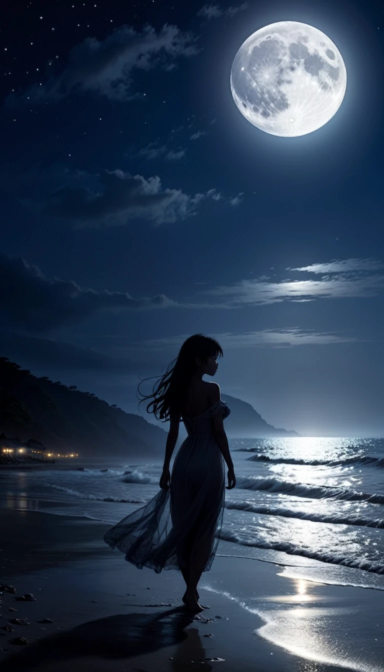 moonlit seaside。
At the beach on a night when the moon shines brightly、A vague silhouette of a person。The background is slightly foggy, creating a mysterious atmosphere.。