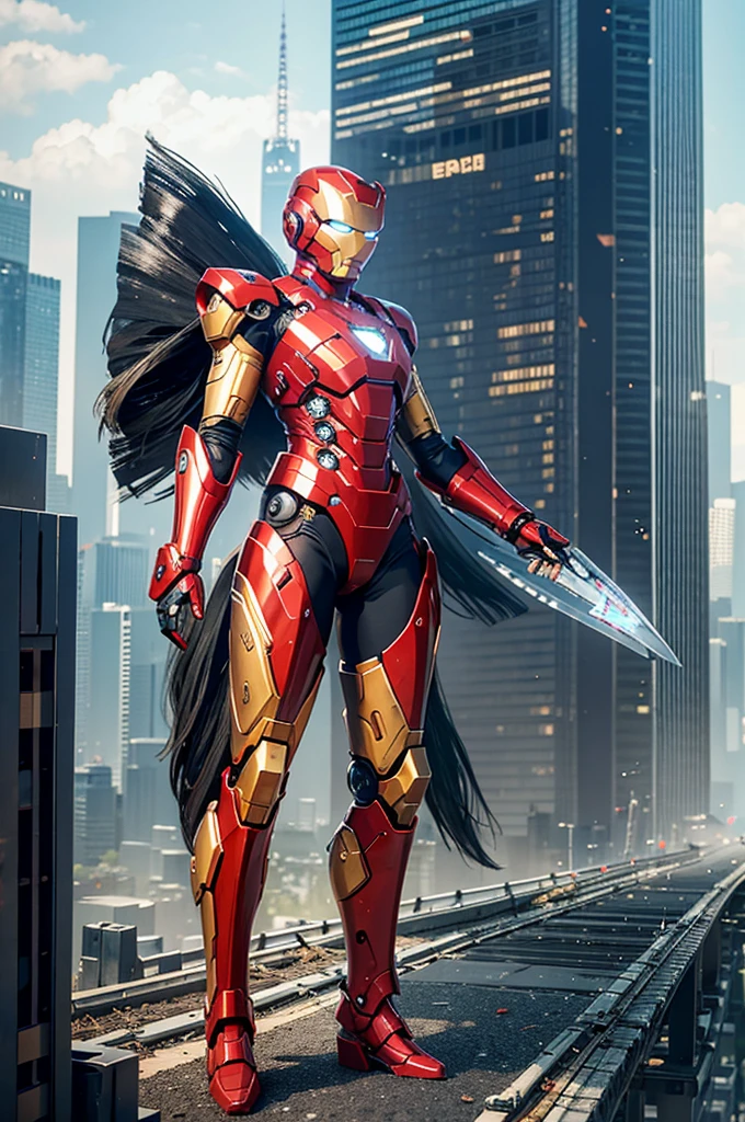RAW, Masterpiece, Ultra Fine Photo,, Best Quality, Ultra High Resolution, Photorealistic, Sunlight, Full Body Portrait, Stunningly Beautiful,, Dynamic Poses, Delicate Face, Vibrant Eyes, (Side View) , she is wearing a futuristic Iron Man mech, red and gold color scheme, highly detailed abandoned warehouse background, detailed face, detailed and complex busy background, messy, gorgeous, milky white, high detailed skin, realistic skin details, visible pores , sharp focus, volumetric fog, 8k uhd, dslr camera, high quality, film grain, fair skin, photorealism, lomography, sprawling metropolis in futuristic dystopia, view from below, translucent