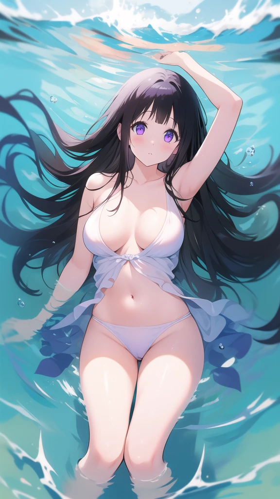 Stunning Chitanda, 只有一个beautiful girl，Purple Eyes, Black Hair, Naturally straight hair, Straight bangs，Extremely refined，Open your lips，Face is so red，The skin is very white，big eyes，Long flowing hair，beautiful girl, Like a dream，Slim，Soft, (Sensual), (Kawaii), Dream quality，naked，Large Breasts，Swimming in the sea，Below the surface of the water，Sunlight transmits，Torn clothes，no pants，transparent，Clavicle exposed，naked露的脖子，naked露大腿，Exposing the groin，Camel toe，naked露的双腿，barefoot，extremely shy，Ultra-high resolution, (masterpiece:1.2, best quality), (Exquisite and beautiful eyes: 1.2), (Beautiful and delicate face)