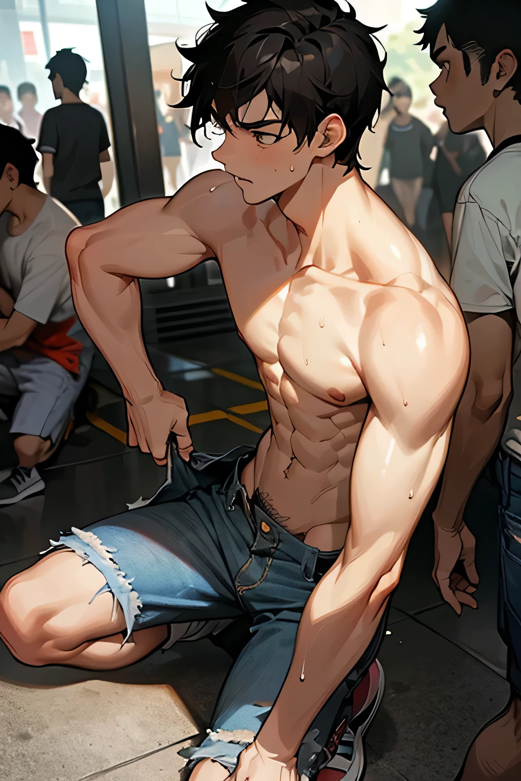shirtless handsome manly short black hair caucasian male in tattered short jeans and sneakers, shirtless, sweating profusely, drenched with sweat, exhausted, panting, inside the mall, inside the mall is crowded with people