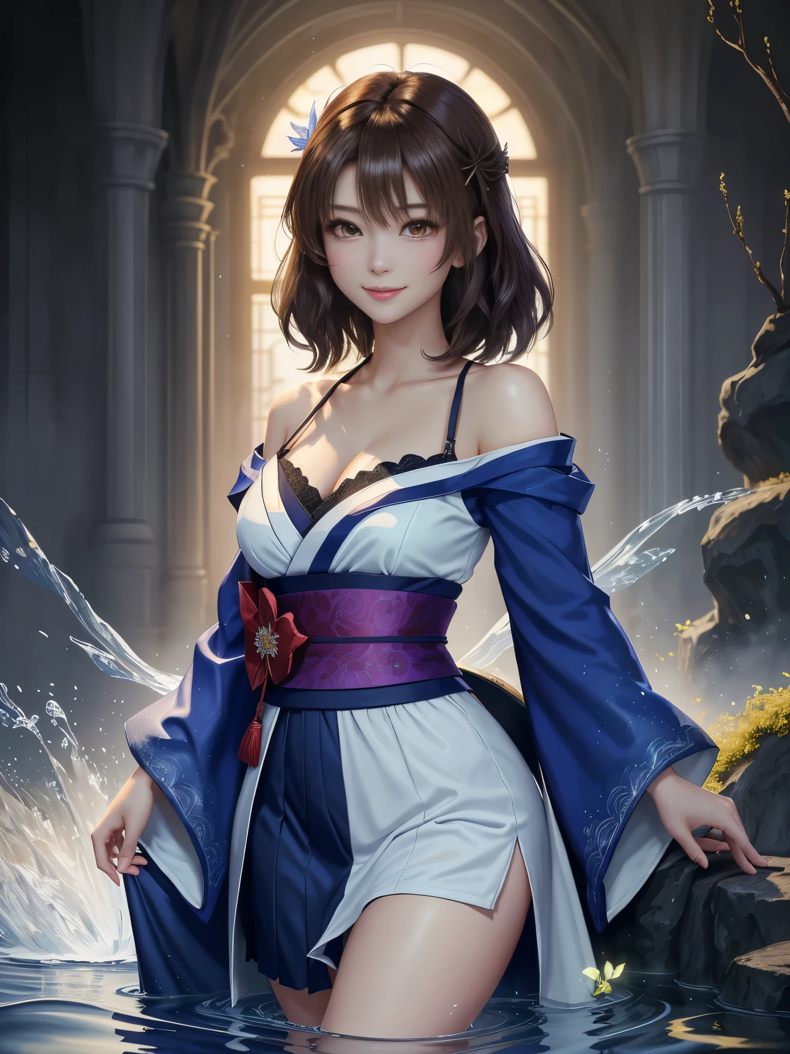 masterpiece , best quality,smile,smile,Small face,Exposed shoulders,Golden kimono,A little cleavage exposure,Double Eyes,Beauty,Beauty,beautiful girl,Stand firmly on both feet,Charm,Adult,lure,Big eyes,Light brown hair,Mysterious世界,Water God殿,,Water God,Water World,Mythical God,水色のMysterious雰囲気,Water sources surround the area,水色のMysterious背景,Gorgeously curled hair,Slim figure,Brown eyes,Faithfully reproduced contrast,Short Hair,Beautiful short hair,Berry Short,Short Hair,Just One,Precision quality,A faithful reproduction of the human eye,水色のMysterious雰囲気,水色のMysterious背景,Beautiful details, colorful, Subtle details, Delicate lips, Intricate details, Genuine, ultrarGenuineista, Mature, Wide-open eyes, raposa de Beautiful digital art,Shrine maiden,Exquisite digital illustration, mizutsune,Pixiv Digital Art, Shining Light, High Contrast, Mysterious,Take center,View your viewers