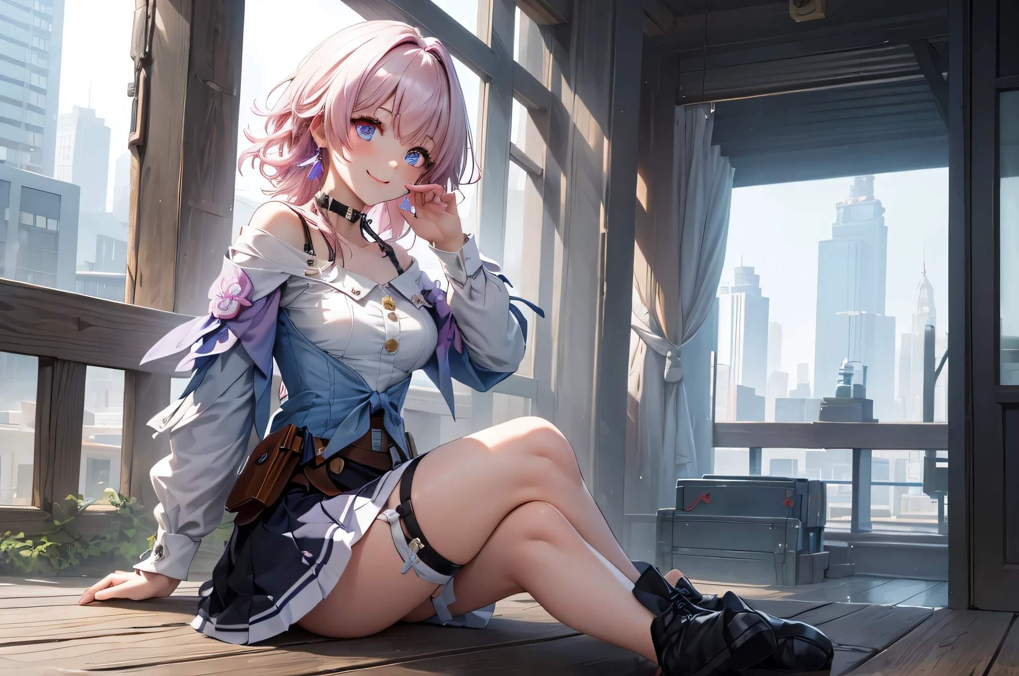 (masterpiece), best quality, expressive eyes, perfect face, 1 girl, solo, march seventh, blue eyes, hair between eyes, medium hair, pink eyes, pink hair, two-tone eyes, ankle boots, archery shooting glove, badge, bare legs, black choker, black corset, black footwear, black gloves, blue jacket, blue skirt, boots, button badge, buttons, choker, collarbone, corset, earrings, flower ornament, gloves, high heel boots, high heels, jacket, jewelry, long sleeves, miniskirt, partially fingerless gloves, pleated skirt, shirt, single earring, single glove, skirt, thigh strap, tied jacket, underbust, white shirt, smiling, city, background, futuristic city, sitting on the ground, knees up, upper body, portrait, looking at the viewer