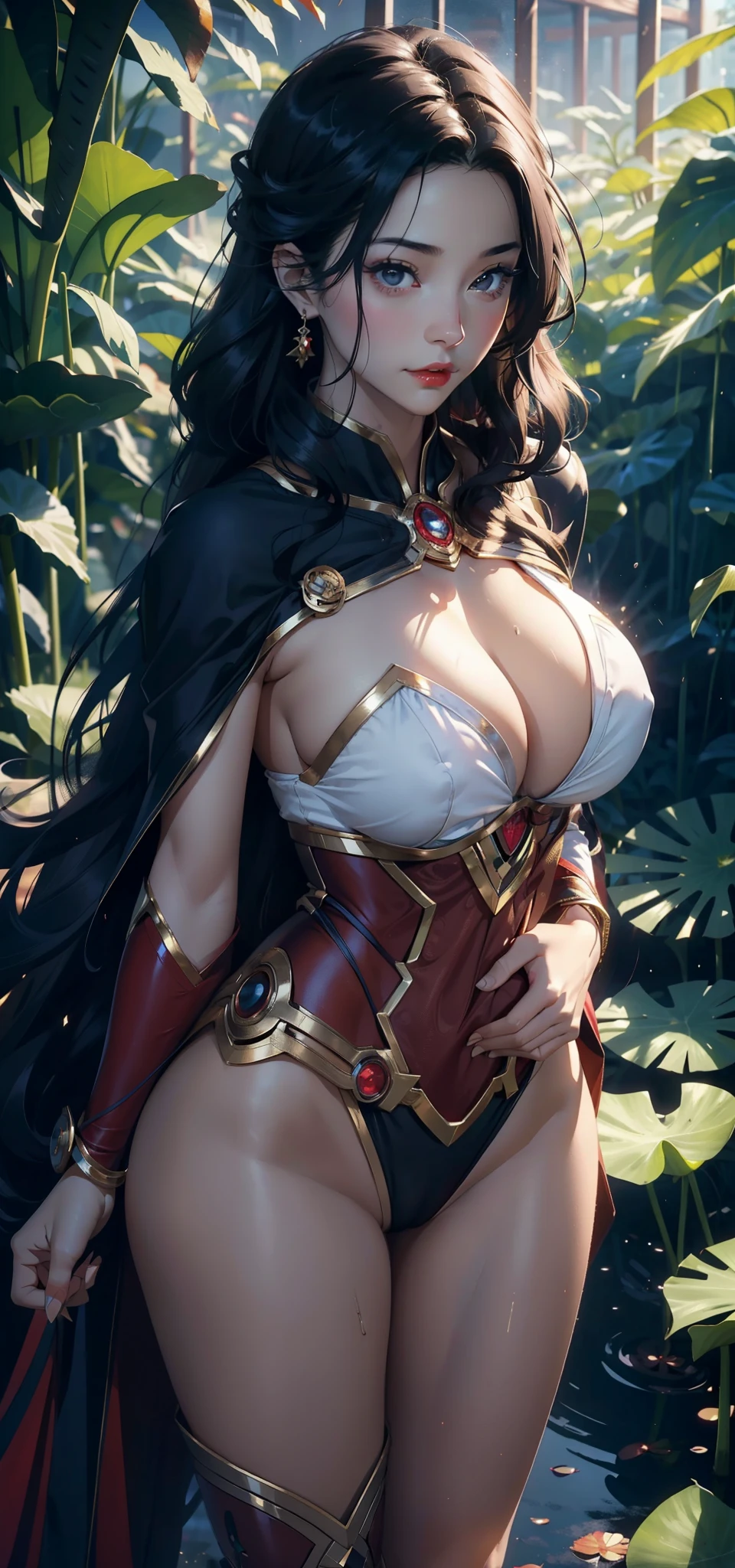 1 female,35 years old,Slim,Very large ,Big breasts and thin waist,Long legs,White skin,Red lips, 1 female,35 years old,MILF,Big breasts and thin waist,Slim,Large chest ,exposure, solo,(background:forest,lotus,lotus,lotus池) She has long black hair,curls,Long hair flying,Stand up,Sweating,Soaked,From the front, Straight Hair, partly cloudy,(((masterpiece),(Very detailed CG unified 8K wallpaper),Best quality,Movie Lighting,細緻的background,Beautiful and delicate eyes,Smart pupils,black eyes,(Very delicate and beautiful),(Beautiful and detailed description of the eyes),Ultra Detailed,masterpiece,)),Facing the camera,high resolution,Ultra Detailed),Exposing breasts,Exposed genitals, Convex,Legs open,Convex起性感,camel toe,iron Man(Wear:,Red Cape,superman logo,黄金iron Man机甲)