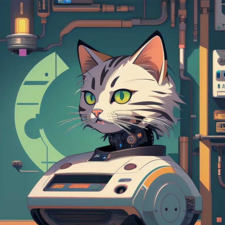 (Profile portrait)There is a black cat wearing headphones sitting on the turntable, CyberpunkCat, MachineCat, Just a joke, Tom Whalen (Tom Whalen) of inspiration, Lofi Art, Cat, Tom Whalen 8K, Digital illustration style, Retro illustration, Illustration of a Cat, NetworkCat, Lofi portrait, Cat, Cat Design, Inside the Robot Cat's Head(((1Cat)))There is a Cat sitting in a suitcase, commend art, MachineCat, Tom Whalen (Tom Whalen) of inspiration, Cat Design, commend portrait, Cat, NetworkCat, Just a joke, Tom Whalen 8K, commend, commend vibe, CyberpunkCat, commend technology, Illustration of a Cat, commend artstyle, commend album art,there is a cat that is sitting on a machine, robot cat, cat robot, robotic cat, industrial robotic cats, cyborg cat, a cyborg cat, fully robotic!! cat, robot portrait, portrait of a robot, cybercat, inside a mechanical cat's head, portrait of a cyberpunk machine, robot animal, inspired by Tom Whalen, cyberpunk cat, cyborg kitten