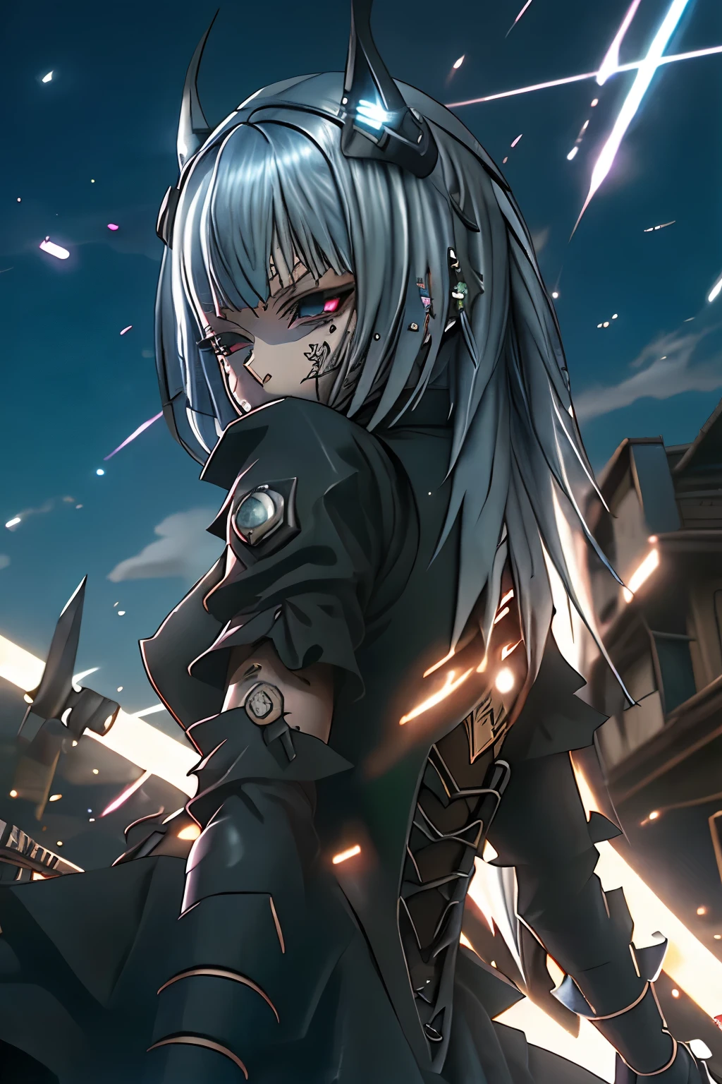 (best quality,highres:1.2), detailed fantasy art, serious expression, robot-like eyes, fighting stance, luminous valentine, tensei shitara slime datta ken, el cabello es plateado, postura de lucha, cuerpo completo, red lens flare, It&#39;s night and there is black lightning in the sky, she is wearing a black gothic dress