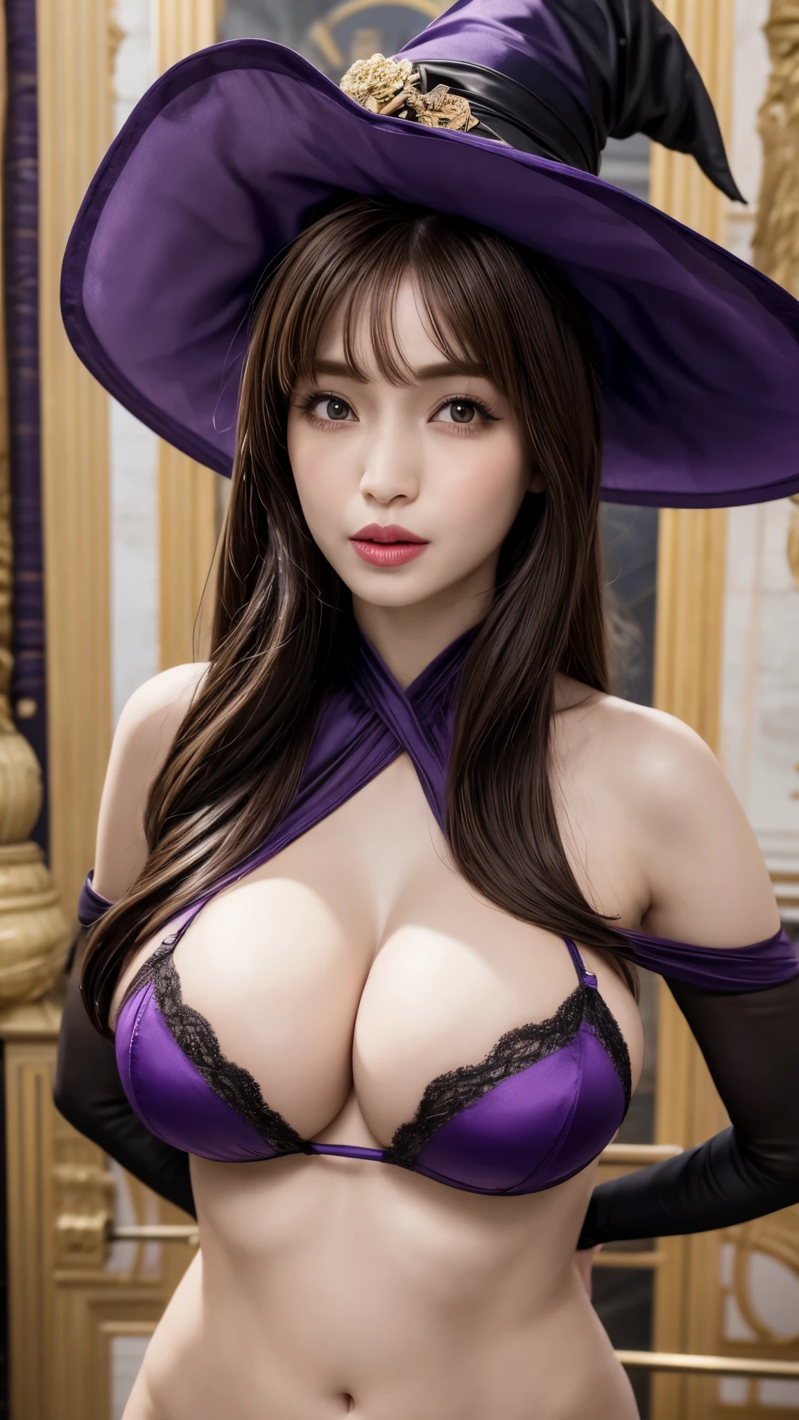 a beautiful girl, perfect face, arms at sides, masterpiece, ultra high res, high quality, 4k, upper body:1.5,  lisa (genshin impact), urple witch hat, green eyes, brown hair, (PureErosFace_V1:0.008), (european:1.6), bangs, taut crimson red micro sling lingerie, rose, jewelry, witch, capelet, purple headwear, black gloves, purple flower, hair between eyes, purple rose, parted lips, purple capelet, hat flower, multicolored lingerie, hair ornament, from front, I-cup gigantic big breasts and slender body 