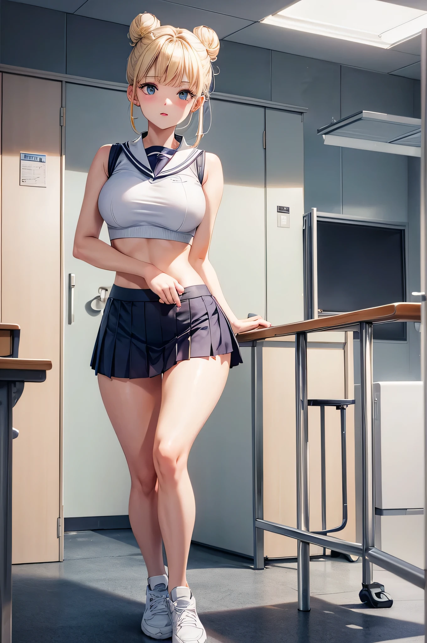 Korean and Japanese school uniforms,Summer uniform shirt,Ribbon Ties,a skirt,The school teaches the school staircase,Chest thrust pose,Breast display posture,8K RAW photos,A high resolution,16-year-old cool Korean,very large round breasts,beautiful eyes in detail,long eyelasher,beautiful double eyelid,eye shadows,eyes liner,Cut eyes,Elongated eye shape,Sanpaku eyes,evilsmile,Evil expression, Beautiful very thin legs,Beautiful very thin thighs,Random short hair,Hair tied behind the head,耳Nipple Ring,Bright blonde hair,With gray eyes,with no underpants,Get wet
