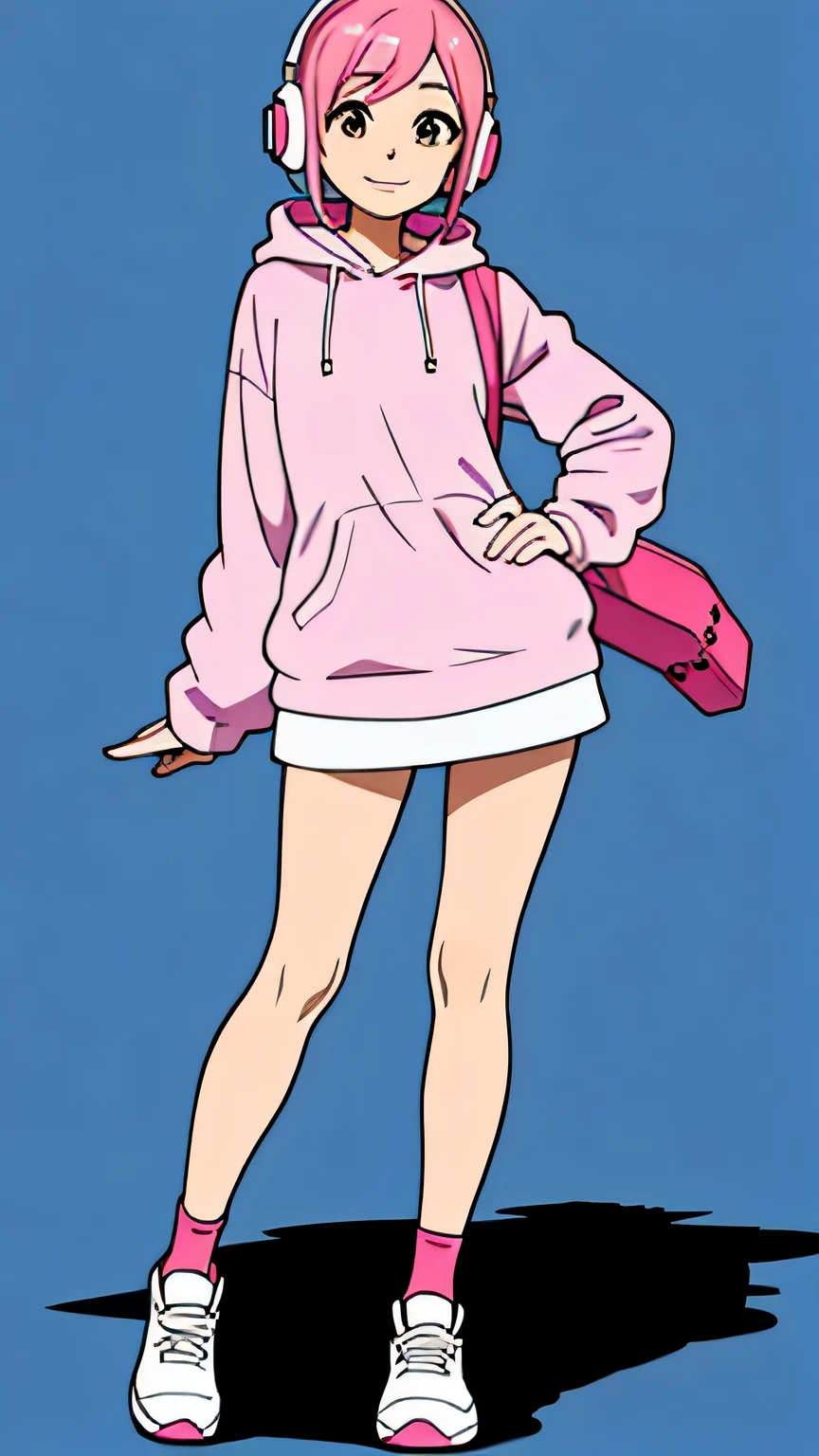 master piece, City Pop style, girl, Pink Hair, alone, wearing headphones, light smile, full body, simple background, no background