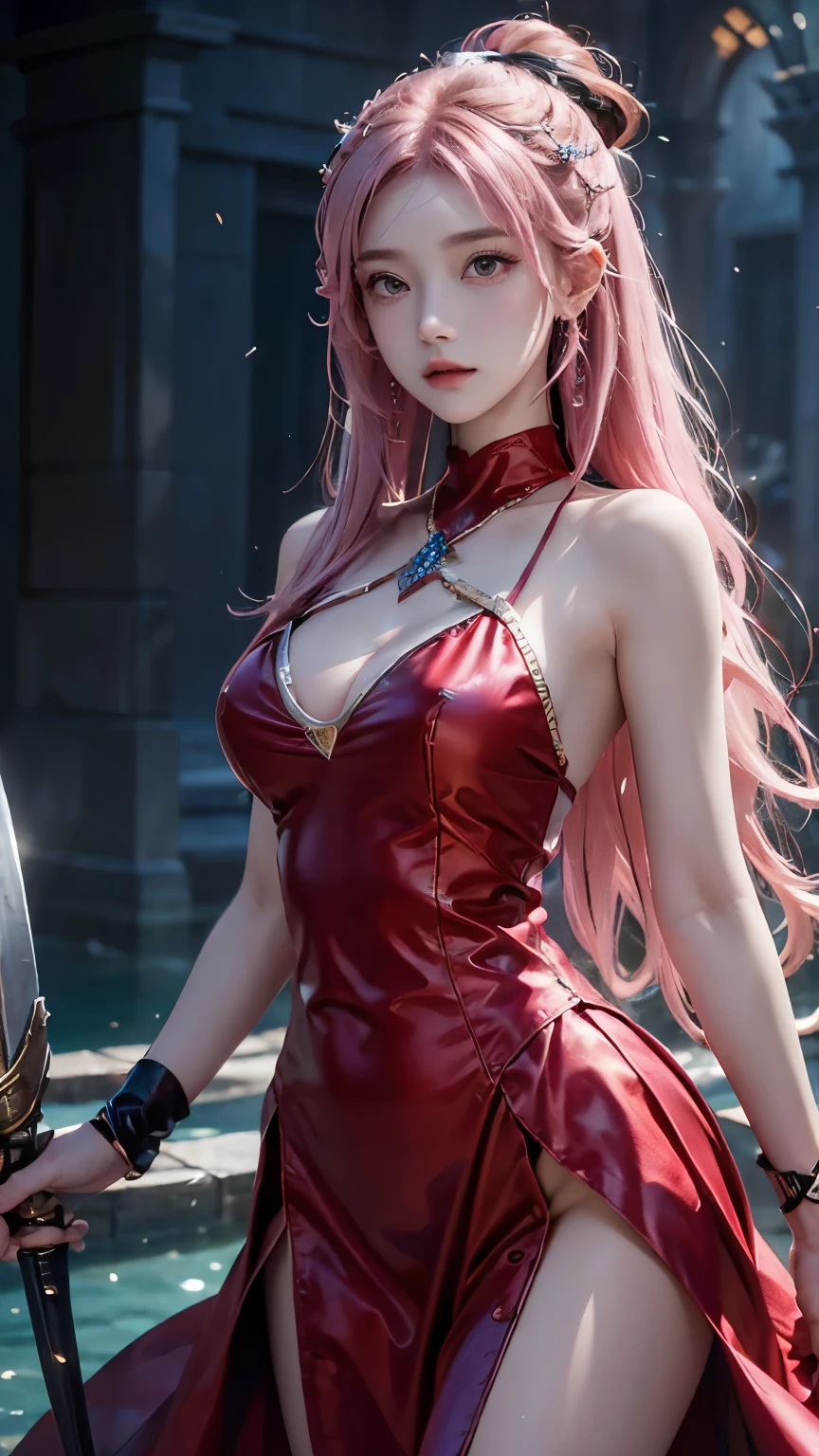 (logo、masterpiece、8k、Tabletop、RAW Photos、wonderful、最high quality、フォトリアルでVery detailedなCG統合8k壁紙、high quality、Very detailed、Narrative poem、Particle Effects、Dynamic Effects、Depth of text、Cinematic Light、Lens flare、Ray Tracing)、Fantasy、(One girl, arms, sword, Long Hair, dress, water, alone, jewelry, red dress, Earrings, hair ornaments, waterしぶき, Ultra-realistic upper body, Hair Bun, Pink Hair, Realistic city background, Lighting,Frank