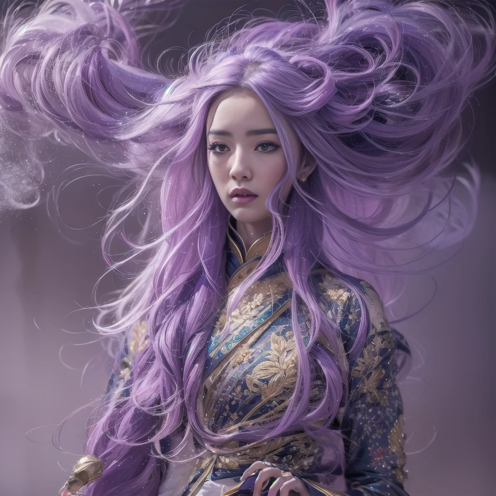 32K（tmasterpiece，k hd，hyper HD，32K）Long flowing lilac hair，Back basement，zydink， a color，  Xuzhou people （Silly girl）， （Silk scarf）， Combat posture， looking at the ground， long whitr hair， Floating lilac， Fire cloud pattern light gold headdress， Chinese long-sleeved gold silk garment， （abstract ink splash：1.2）， smoky background，Lotus protector（realisticlying：1.4），lilac purple hair，Fog on the road，smoke in the background， A high resolution， the detail， RAW photogr， Sharp Re， Nikon D850 Film Stock Photo by Jefferies Lee 4 Kodak Portra 400 Camera F1.6 shots, Rich colors, ultra-realistic vivid textures, Dramatic lighting, Unreal Engine Art Station Trend, cinestir 800，Long flowing lilac hair，Light transparent clothes