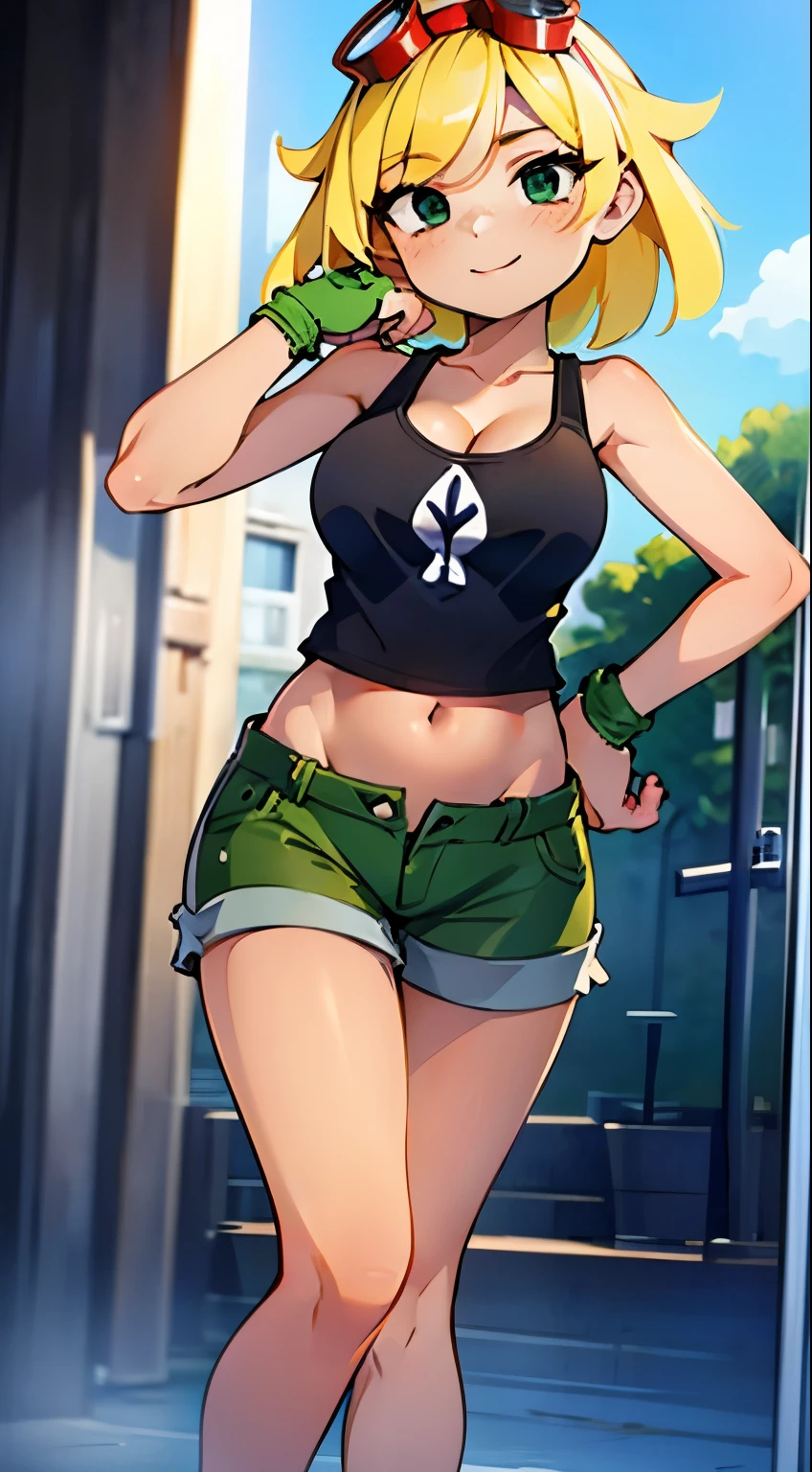 best quality, (masterpiece),(ultra-detailed), (high quality), (high resolution), ((2heads:1.5)), best quality:1.5, highres, UHD, 16K), smiling, highres, masterpiece, (blonde hair), (cleavage), (black short tank top), medium long hair, ((green denim shorts)), lustrous and smooth skin, (mature woman), (black eyes), (cute face), ((exposed midriff)), seductive silhouette, ((slim hips)), casual dress, sexy proportions, young girl with accentuated slender abs, long legs, seductive woman, lustrous woman, (large breasts), ((detailed eyes)), boots