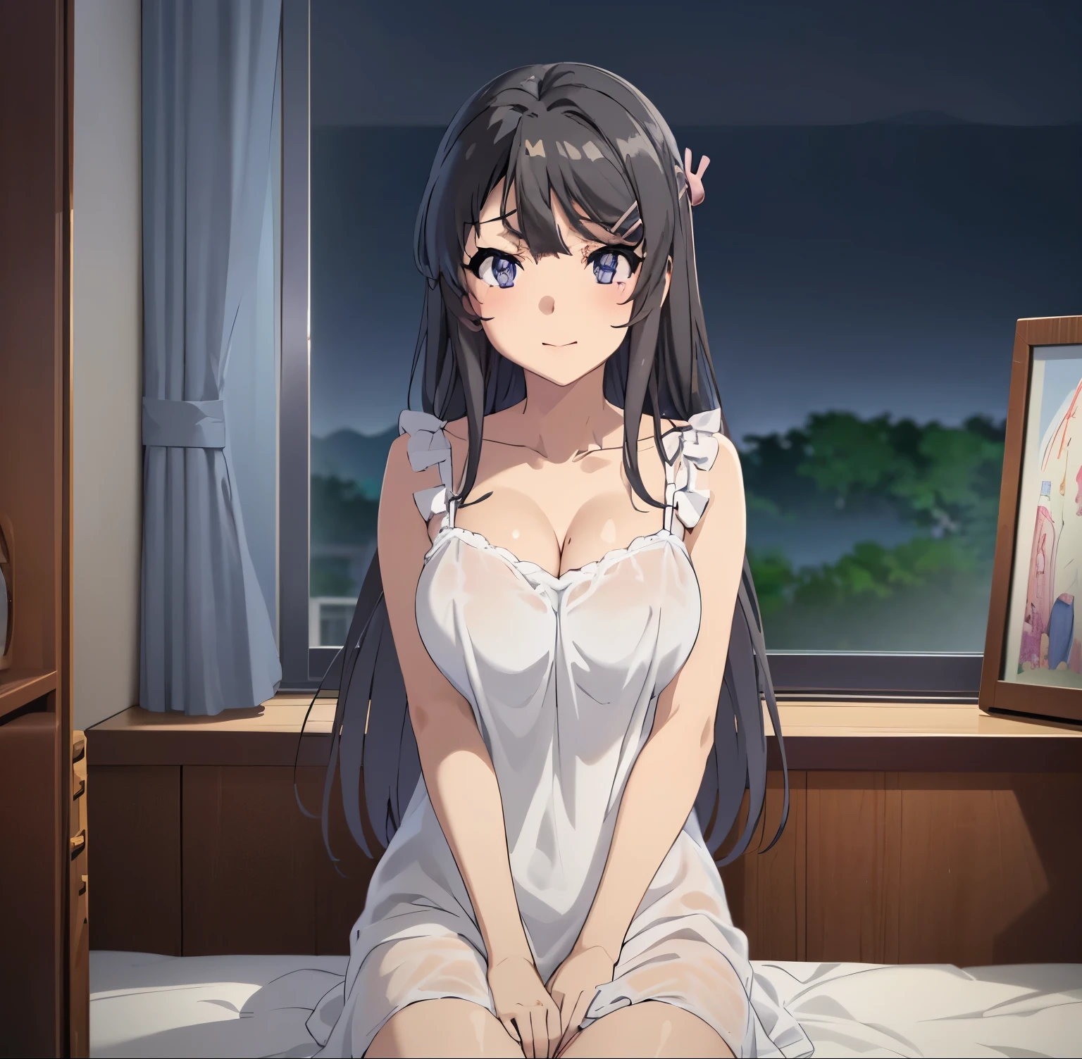 1girl, alone,mai sakurajima((Best Quality, High Resolutions, UHD, 8k Wallpaper, Extremely Detailed, Pixel Perfect, Perfect Anatomy)), ((Anime Soft CG, Skin Texture:1.2)), 1girl,alone,sakurajima mai , Anime character, 2d, Sketch art, An anime woman, sad, blushing, hugging, black hair, busty, medium breasts, cleavage, POV, close up, Looking at viewer, ((Nightgown, dress)), (cleavage) ), (detailed eyes, Beautiful eyes), (interior, bedroom), large breasts, medium waist, wide hips, medium thighs, good anatomy, good hands, good lighting, night, embarrassed, seductive, smiling, closed mouth