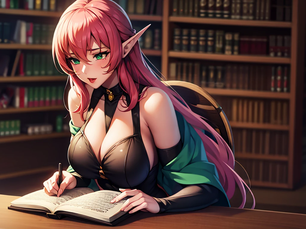 Best quality: 1.0), (Super High Resolution: 1.0), detailed anime artwork, detailed digital anime art, complex gorgeous anime CGI style, 1 elf woman, wearing a yellow shirt, black pants, sit on a chair, reading a large book, library, red lips, exposed bosom, exposed shoulders, pink hair, green eyes.