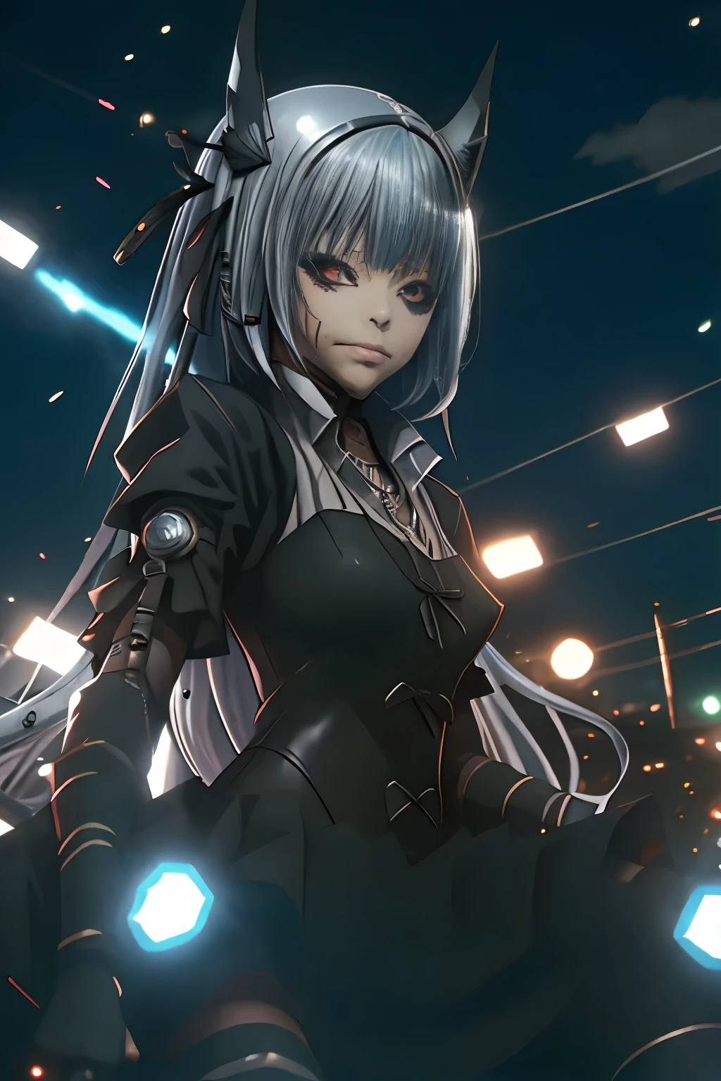 (best quality,highres:1.2), detailed fantasy art, serious expression, robot-like eyes, fighting stance, luminous valentine, tensei shitara slime datta ken, el cabello es plateado, postura de lucha, cuerpo completo, red lens flare, It&#39;s night and there is black lightning in the sky, she is wearing a black gothic dress