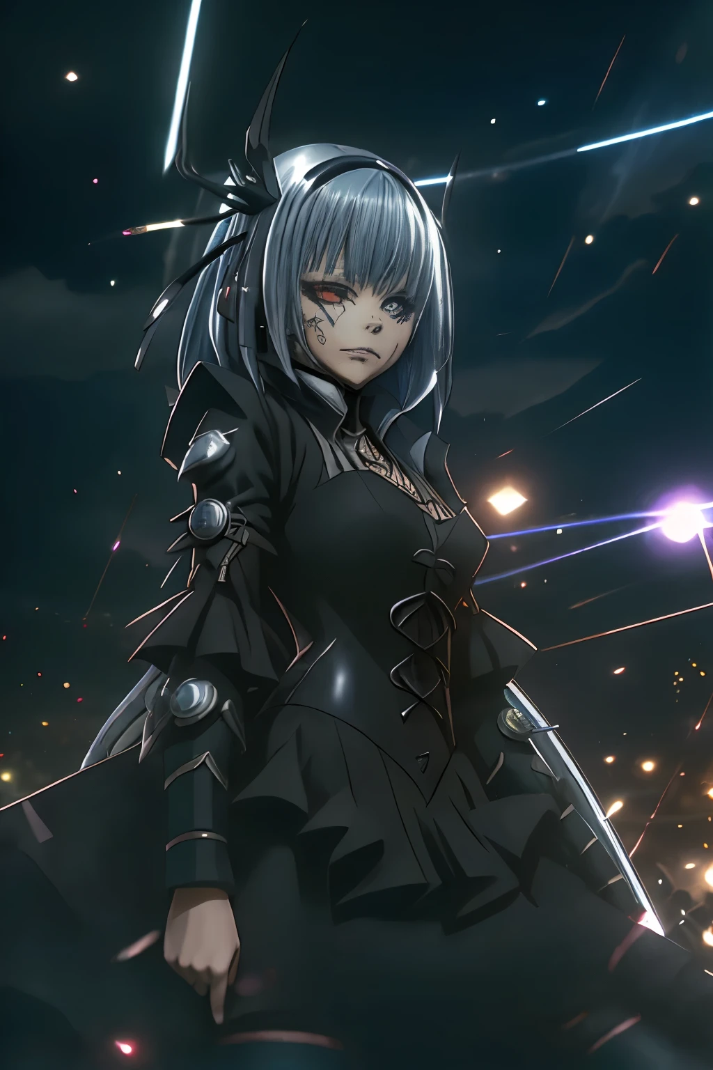 (best quality,highres:1.2), detailed fantasy art, serious expression, robot-like eyes, fighting stance, luminous valentine, tensei shitara slime datta ken, el cabello es plateado, postura de lucha, cuerpo completo, red lens flare, It&#39;s night and there is black lightning in the sky, she is wearing a black gothic dress