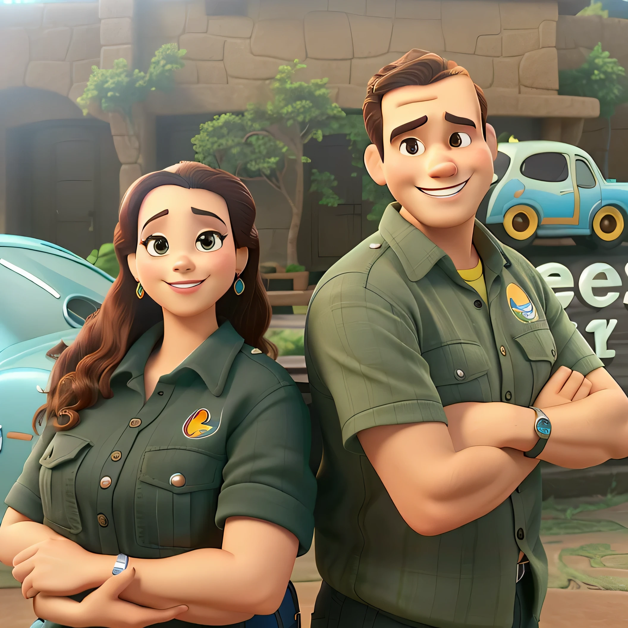 Um casal feliz  tirando foto com carros no fundo estilo disney pixar, alta qualidade, melhor qualidade