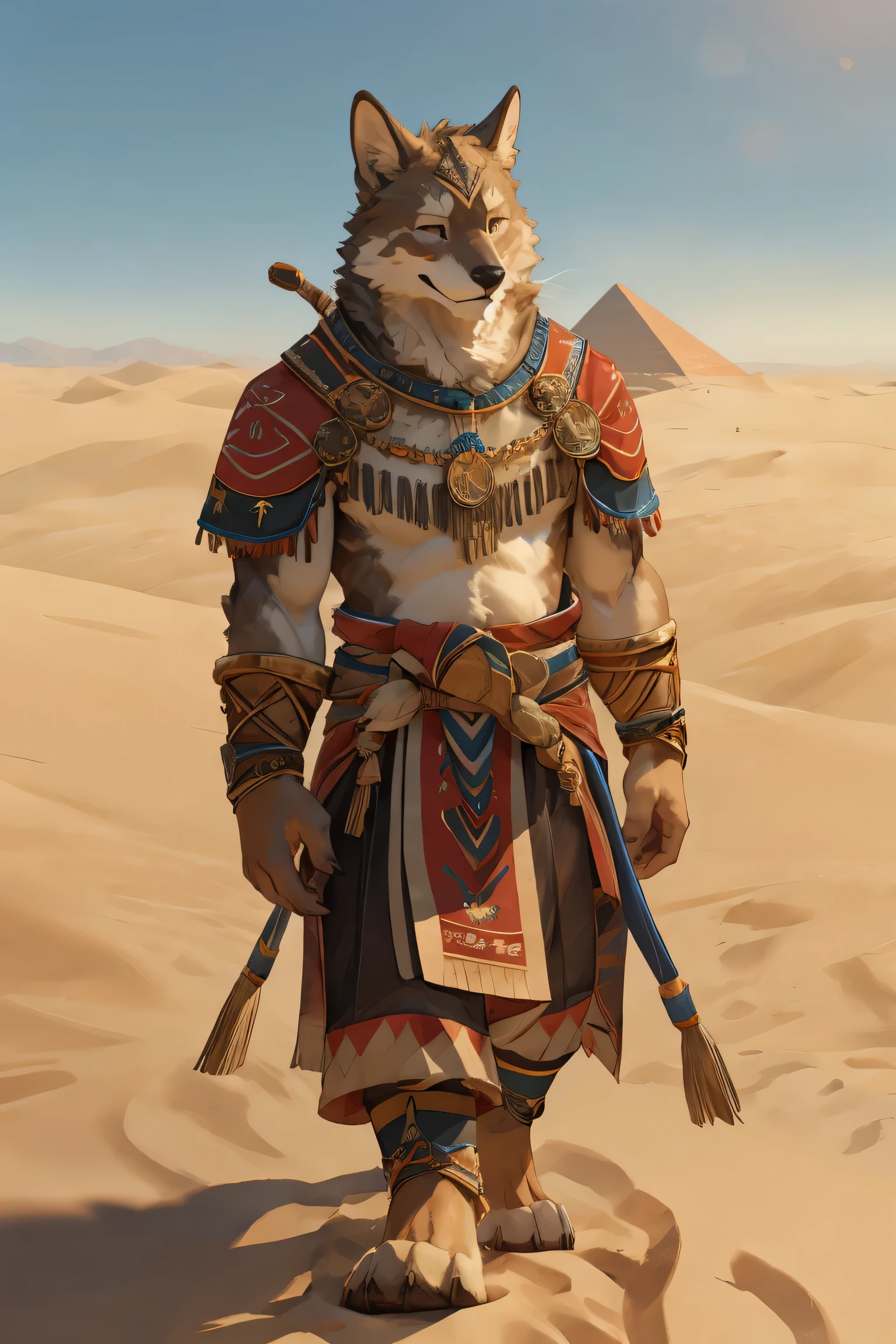 High-quality illustrations, masterpiece, absurdres, super high resolution, detailed background, desert, sand dunes, pyramid, Traditional costumes, Happy, joyful, Relux(Travel photos)perfect anatomy(kemono, furry anthro, National clothing)cinematic lighting, beautiful shadow, dynamic angle,