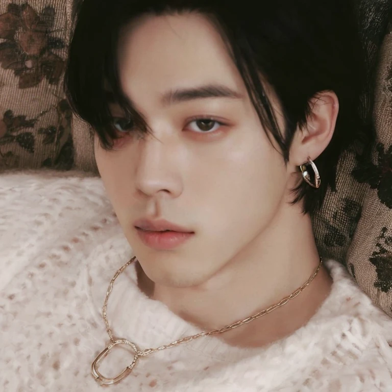 A closeup of a person lying on a sofa with a sweater, Jimin\o nariz grego, Jimin\the right eyelid is swollen, Jimin\the full lips, Jimin, park Jimin, Kim Doyoung, Jung Jaehyun, accurate Jimin face, Jinyoung Shin, hyung tae, Retrato de Jossi do Blackpink, cai xukun, Tae June Kim