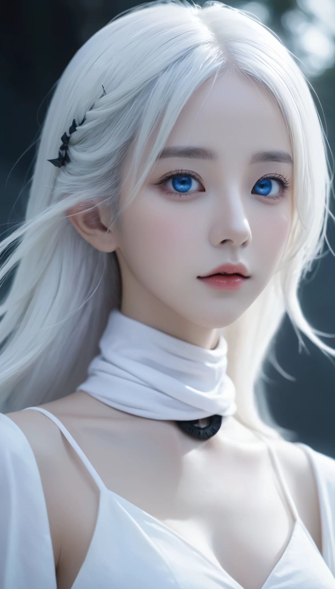 best quality, (Wide-angle lens), CGS Association, 8k, Surreal, masterpiece, Children&#39;s Dark Elf, white hair, blue eyes, White clothes, black scarf, look up, Upper Body, lock of hair, Dark Skin, Straight and loose hair