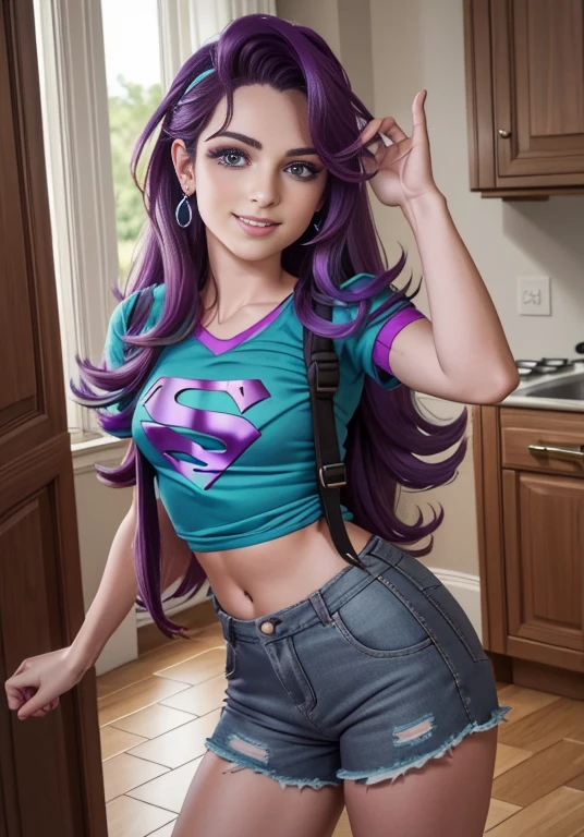 (Obra maestra, La mejor calidad, fotorrealista, Altas Resoluciones, Director of photography, :1.3), Foto selfie de la parte superior del cuerpo, sharp focus, 1 chica sexy, Chica europea, Modelo cadolesente, 16 year old ager midriff, Ojos turquesa y pupilas altamente detallados, Piel realista, Forma delgada del cuerpo, escote, cabello extremadamente detallado, They're smiling, sexy, ((Camiseta con cuello en V)), interior, ((realista, super realistic, realismo, Detalles realistas)) el brillo de la puesta de sol , Starlight Glimmer , mlp , lindo maquillaje ,labios rojos , cabello largo morado con mechas turquesa , cuerpo completo , sonriendo para el espectador , sexy outfit