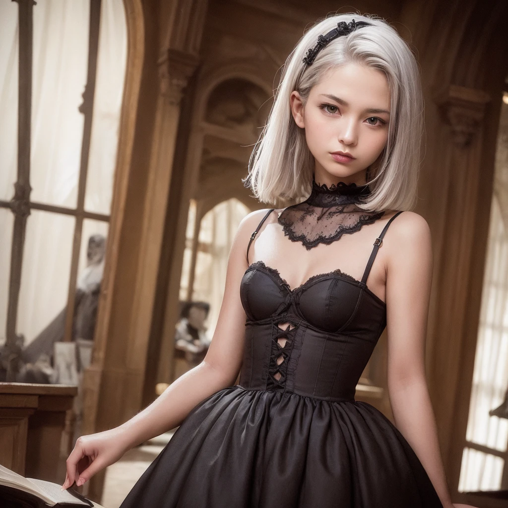 Best Quality,Masterpiece,(Realism:1.2),Long Silver Hair,Curly Hair,((Lolita Dress)),Intricate Lace,Ray Traced,((God Ray)),Ultra HD,Masterpiece,Accurate,Texture Skin, High Quality, High Detail, Portrait, 1 Person, ((Gothic Style)), Castle, ((Short Hair)), Gray Eyes, Detailed Face, In Bookstore, Detailed Eyes, Intricate, Elaborate, Detailed , grandeur, maximum details, extremely ultra-aesthetic, looking at the viewer, dress sexy underwear
