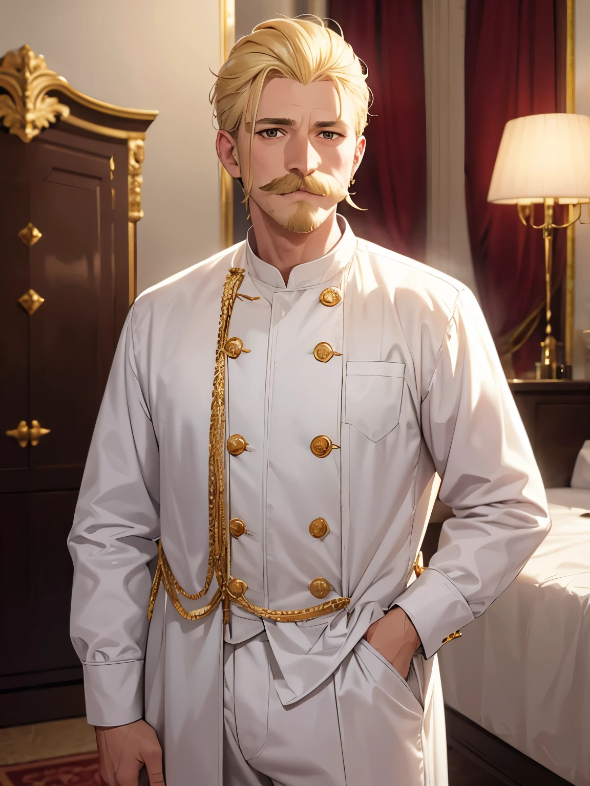 King, short hair, mustache, 35 years old, blonde hair, Blonde mustache, white pajamas, standing in the royal bedroom,ultra detailed,close up photo