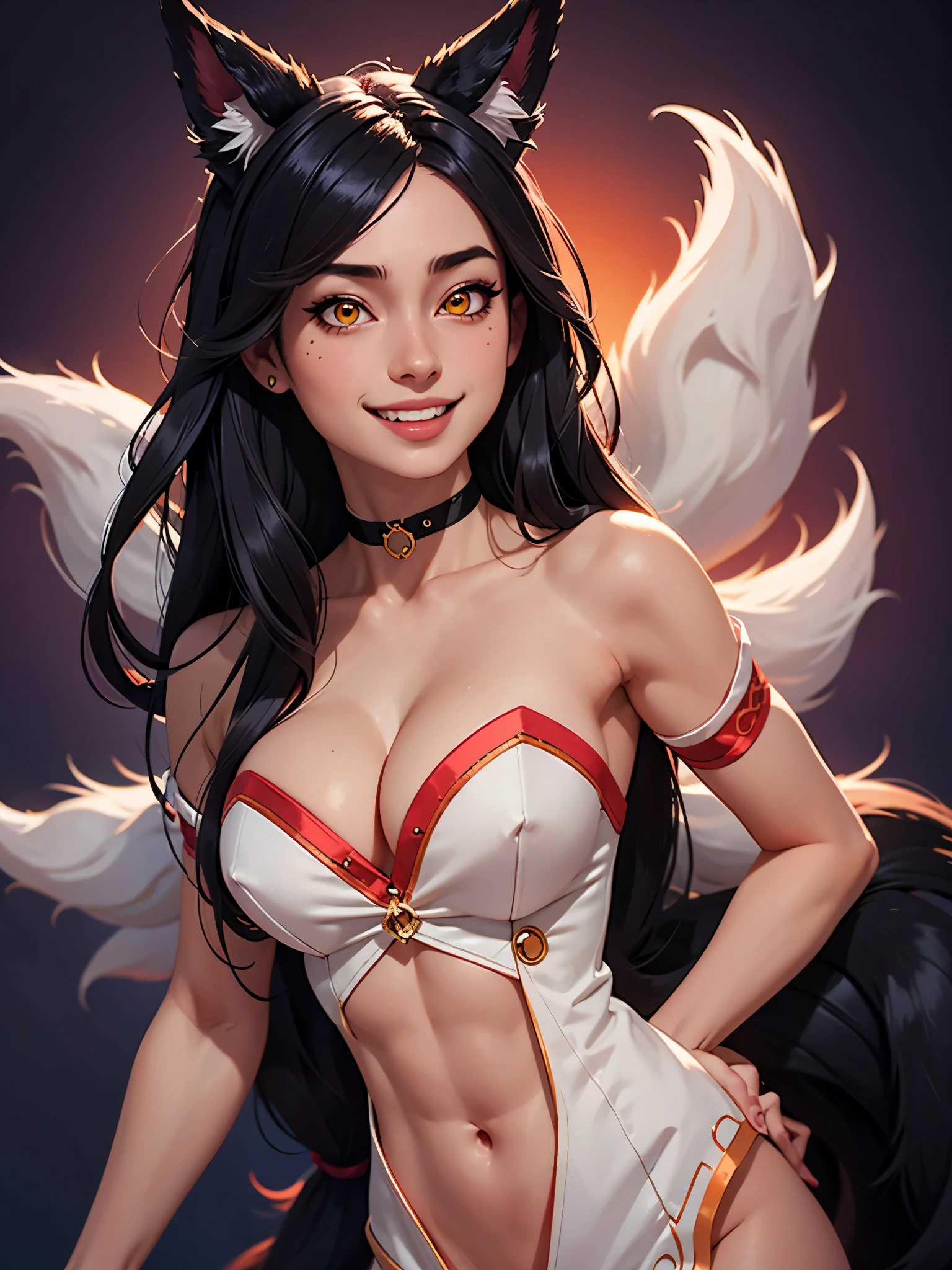 one white girl, ahri, bust, abs, slender body, solo, upper body, yellow eyes, long hair, black hair, fox ears, choker, nsfw, white skin, cleavage, bare shoulders, masterpiece, highly detailed, look at viewer, expressing joy, shiny blured orange background, gradient sprayed background, smile, happy face, naughty grin, camera from the front, gradient red purple background, blured background, glowing edges of image