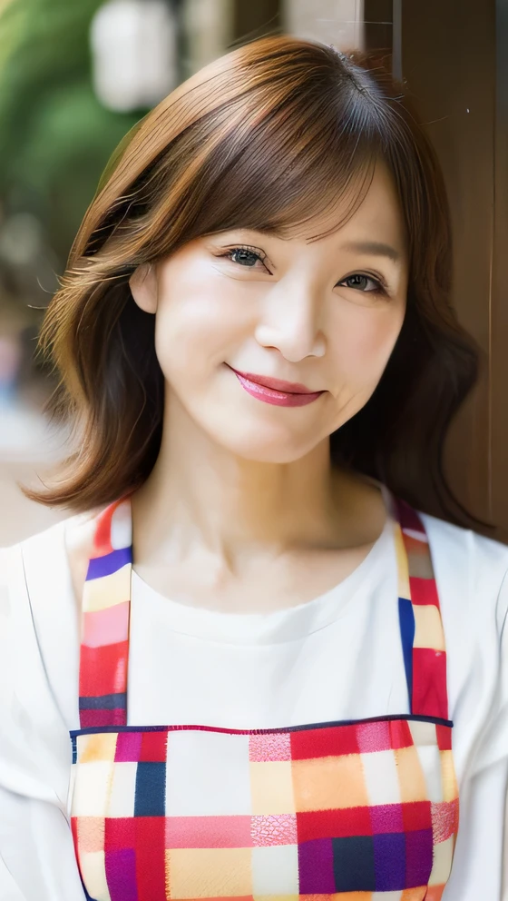 Photograph the whole body from head to toe　45 years old Japanese woman with semi-long brown hair　whole body　 Has a slightly plump figure　A woman wearing an apron cooking with a kitchen in the background　apron、Make a fried egg　Upper Body　Personal　woman　45 years old　semi-long、((brown hair)、semi-long　beautiful hair shiny hair　Japan( sharpen ), (She is wearing a neat apron over a white T-shirt),(The background is a typical Japanese kitchen.)　(Purelos Face_v1:0.7), (8K, highest quality), unconscious, Open Eyes,High resolution, original, (Flat Color:0.9),(Colorful:1.1),(masterpiece:1,2), highest quality, masterpiece, High resolution, original, Viewer Perspective, alone, Portrait, Mature Woman Body Set, A slight smile,Natural wrinkles, Wrinkles around the eyes, Surreal, Natural Skin, Natural Hair Color, Bright red lips　whole body像