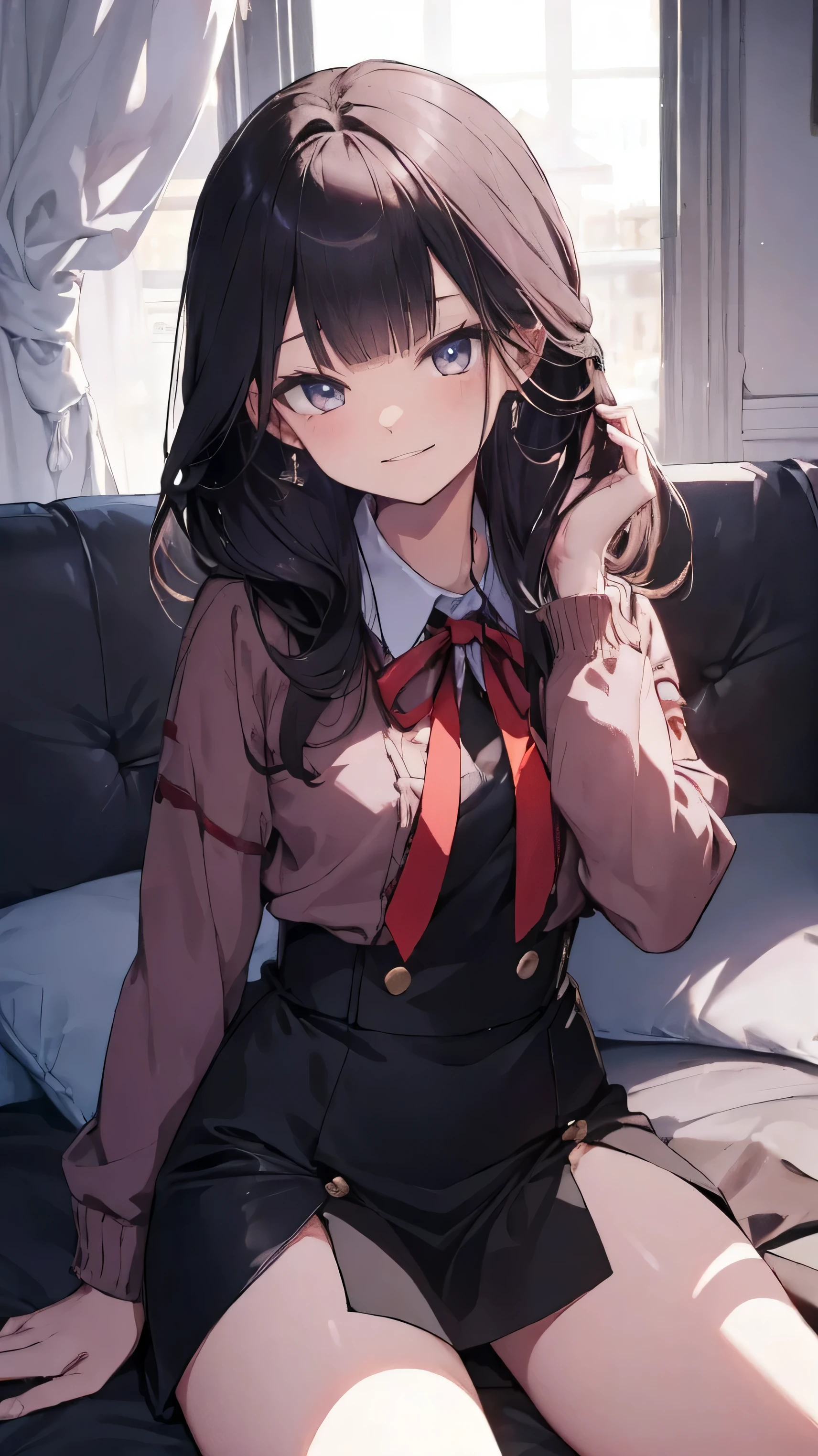 Masterpiece、Highest quality、highest quality、Black Hair、 ((smile))、Shiny hair quality、Small face、Girl、Sitting、Super detailed, beautiful, wide eyes、Ultra-detailed, clear and beautiful faces、(cute illustration:1.2), High-resolution, ultra-detailed, best quality, embarrassed