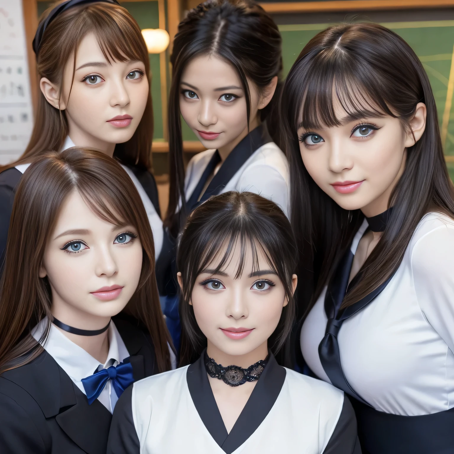 Group photo, Group photo, Some very beautiful women, Highly detailed eyes, Highly detailed face,  Sexy and highly detailed lips, Super detailed everything, Attractive woman, Black choker, Blue Eyes, very long eyelashes, bangs, big breasts, ((smile)), highest quality, masterpiece, ((Slim face)), Japanese actress, Servant, A relaxed outfit, High nose, ((School uniform))