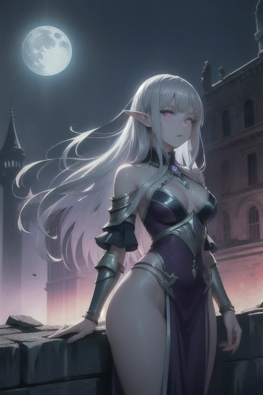 silver moon, ancient elf, rare, celestial maiden, celestial armor, beautiful girl, long icy hair, violet glowing eyes, palace ruins,