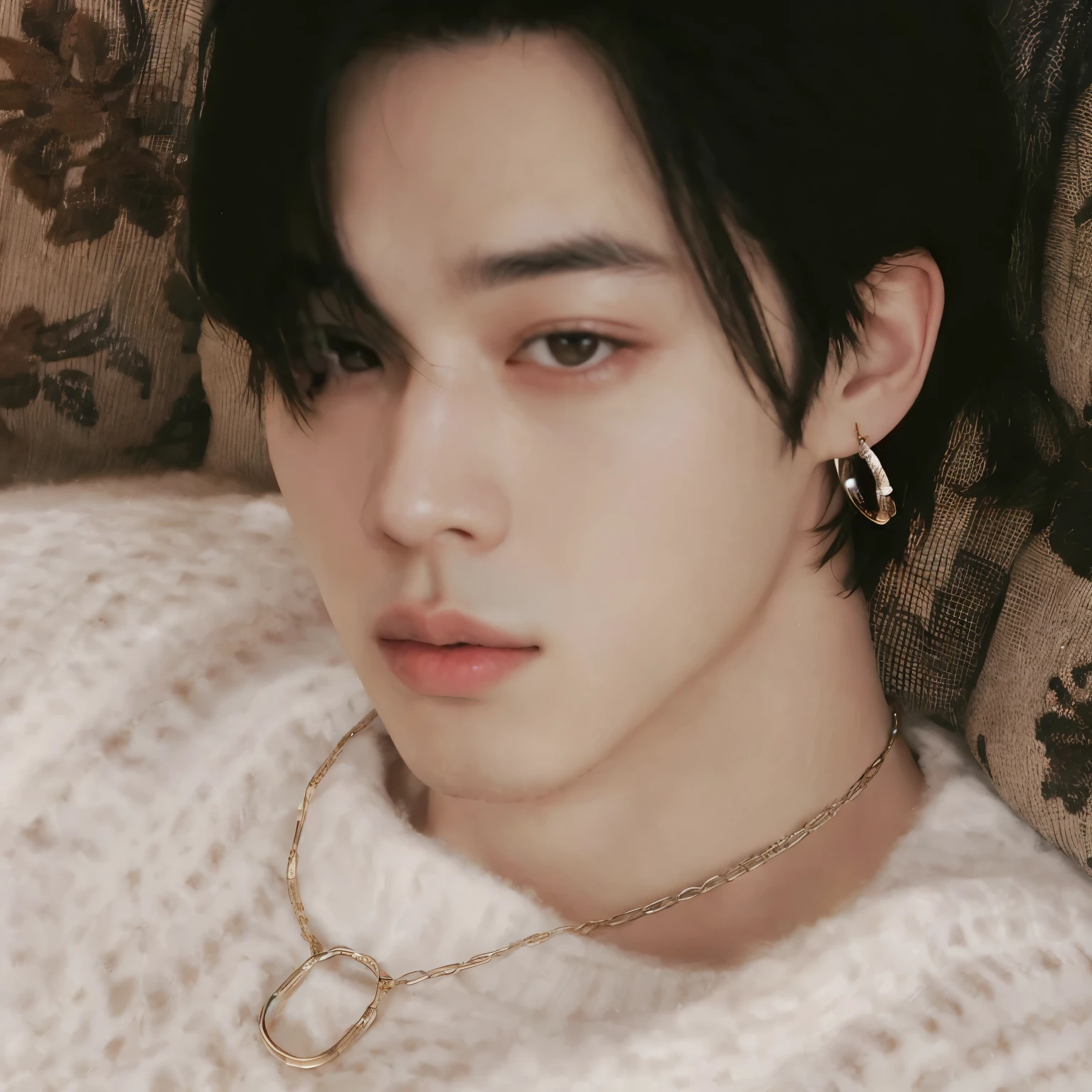 A closeup of a person lying on a sofa with a sweater, Jimin\o nariz grego, Jimin\the right eyelid is swollen, Jimin\the full lips, Jimin, park Jimin, Kim Doyoung, Jung Jaehyun, accurate Jimin face, Jinyoung Shin, hyung tae, Retrato de Jossi do Blackpink, cai xukun, Tae June Kim