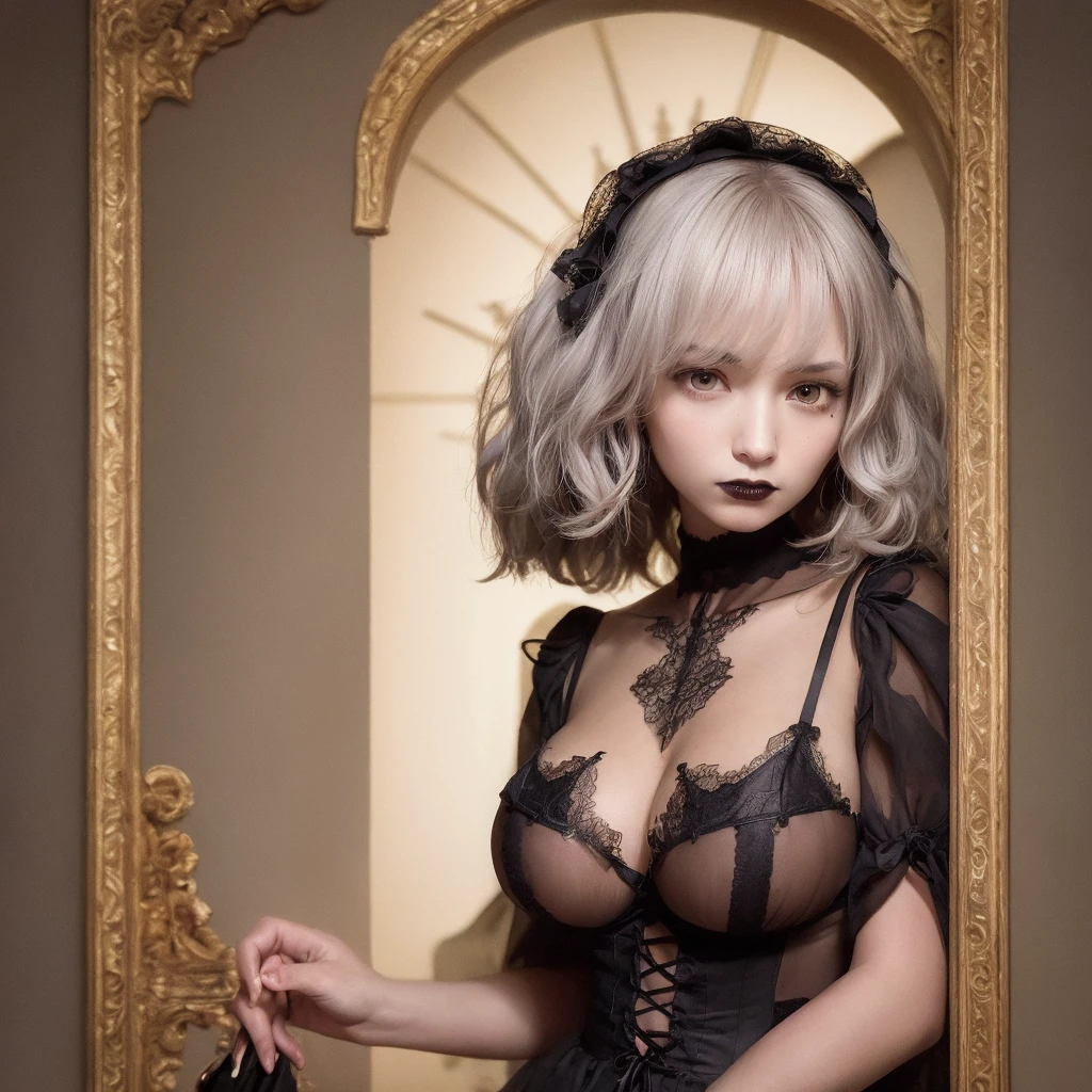 Best Quality,Masterpiece,(Realism:1.2),Long Silver Hair,Curly Hair,((ta Dress)),Intricate Lace,Ray Traced,((God Ray)),Ultra HD,Masterpiece,Accurate,Texture Skin, High Quality, High Detail, Portrait, 1 Person, ((Gothic Style)), Castle, ((Short Hair)), Gray Eyes, Detailed Face, In Bookstore, Detailed Eyes, Intricate, Elaborate, Detailed , grandeur, maximum details, extremely ultra-aesthetic, looking at the viewer, latex lingerie, big breast